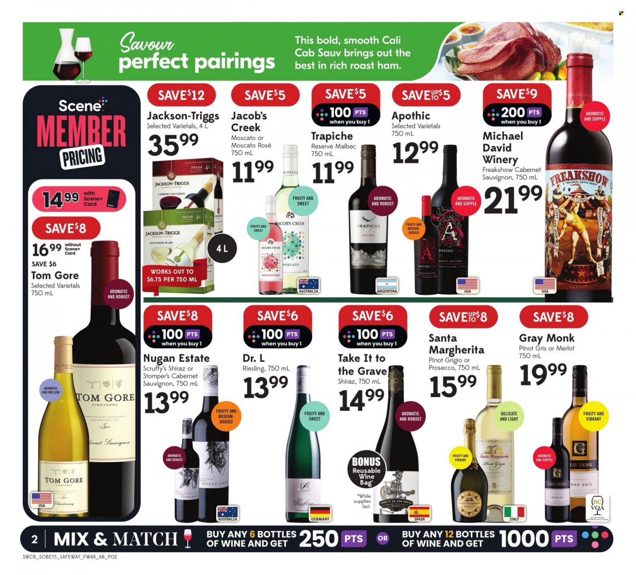 thumbnail - Sobeys Liquor Flyer - March 30, 2023 - April 05, 2023 - Sales products - Cabernet Sauvignon, red wine, Riesling, white wine, Chardonnay, wine, Merlot, Moscato, Jacob's Creek, Shiraz, Pinot Grigio, rosé wine. Page 2.