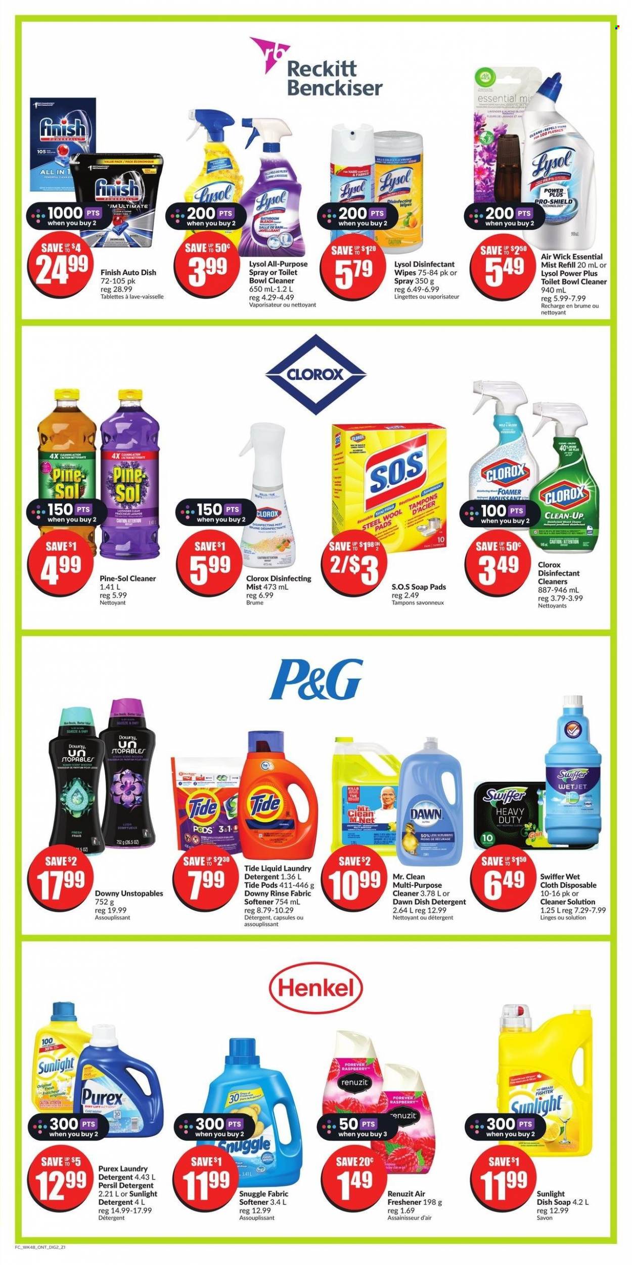 thumbnail - FreshCo. Flyer - March 30, 2023 - April 05, 2023 - Sales products - L'Or, wipes, cleaner, bleach, Lysol, Clorox, Pine-Sol, Swiffer, Snuggle, Tide, Unstopables, Persil, fabric softener, laundry detergent, Sunlight, Purex, dishwasher cleaner, soap, tampons, WetJet, Renuzit, air freshener, Air Wick, detergent, desinfection. Page 6.