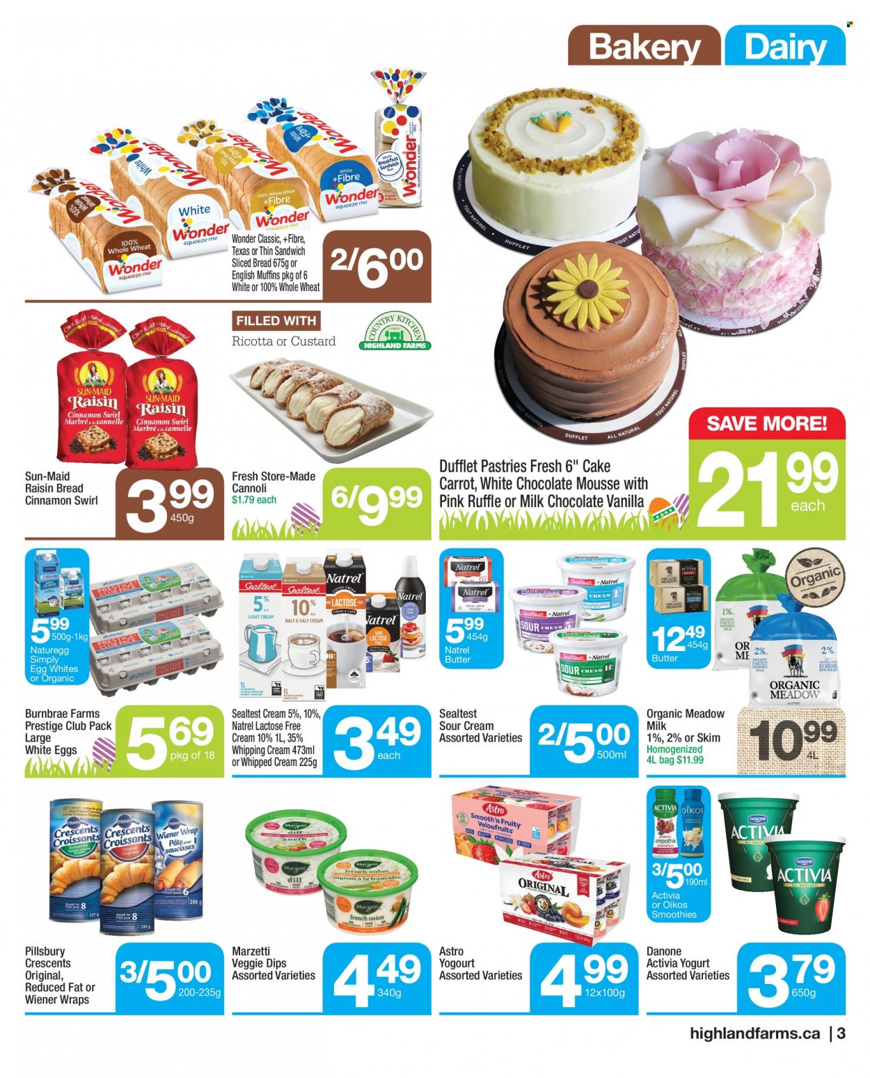 thumbnail - Highland Farms Flyer - March 30, 2023 - April 12, 2023 - Sales products - bread, english muffins, cake, wraps, sandwich, Pillsbury, yoghurt, Activia, Oikos, eggs, sour cream, whipped cream, whipping cream, milk chocolate, chocolate, cinnamon, smoothie, ricotta, Danone. Page 3.