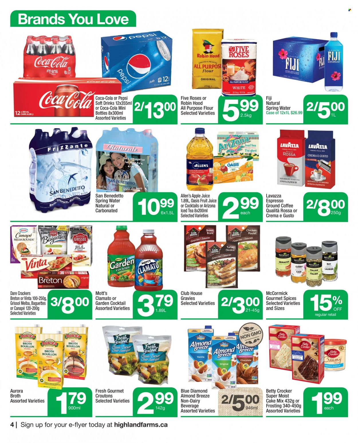 thumbnail - Highland Farms Flyer - March 30, 2023 - April 12, 2023 - Sales products - cake mix, Mott's, Almond Breeze, crackers, all purpose flour, croutons, flour, frosting, broth, Blue Diamond, apple juice, Coca-Cola, Pepsi, juice, fruit juice, ice tea, Clamato, soft drink, AriZona, spring water, water, coffee, ground coffee, Lavazza, baguette. Page 4.