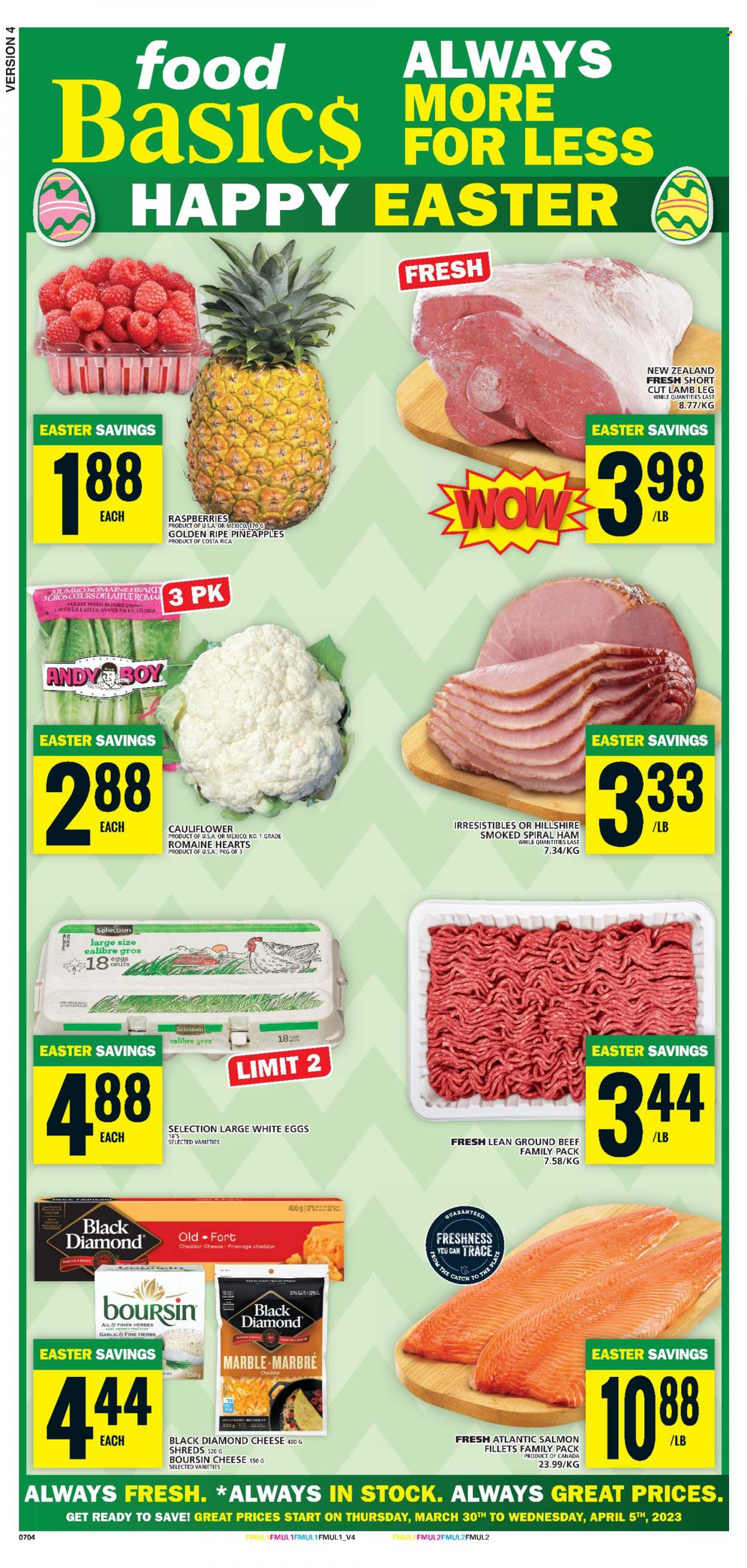 thumbnail - Food Basics Flyer - March 30, 2023 - April 05, 2023 - Sales products - cauliflower, pineapple, salmon, salmon fillet, ham, spiral ham, cheddar, cheese, eggs, herbs, beef meat, ground beef, lamb meat, lamb leg. Page 1.