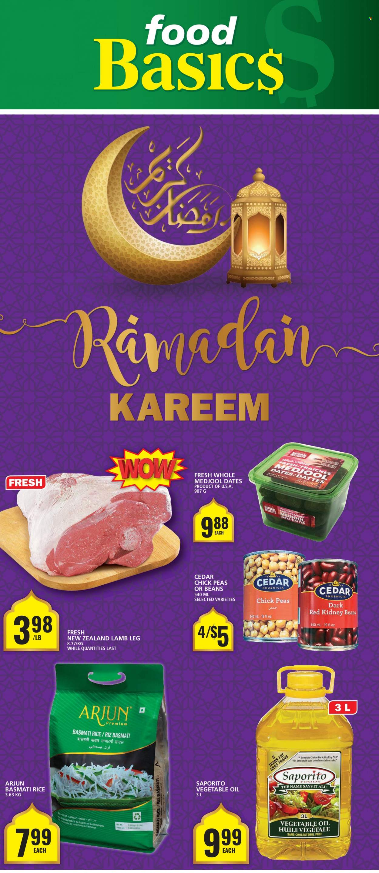 thumbnail - Food Basics Flyer - March 30, 2023 - April 05, 2023 - Sales products - beans, peas, kidney beans, basmati rice, rice, vegetable oil, oil, dried dates, lamb meat, lamb leg. Page 1.