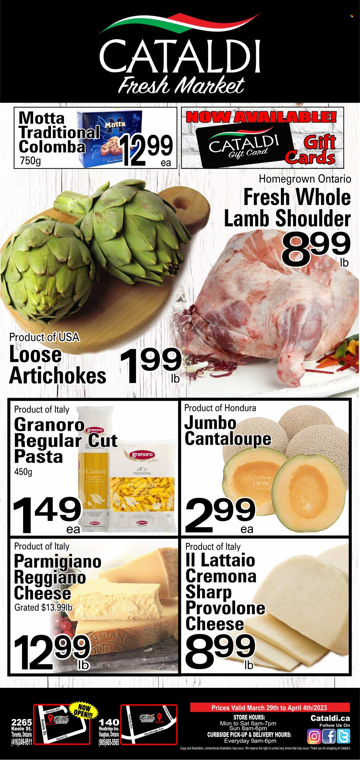 thumbnail - Cataldi Fresh Market Flyer - March 29, 2023 - April 04, 2023 - Sales products - artichoke, cantaloupe, spaghetti, pasta, cheese, Parmigiano Reggiano, Provolone, Woodbridge, lamb meat, lamb shoulder, whole lamb. Page 1.