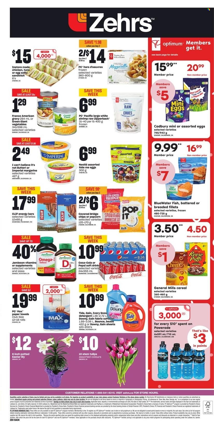thumbnail - Zehrs Flyer - March 30, 2023 - April 05, 2023 - Sales products - puffs, cod, tuna, haddock, fish, shrimps, sandwich, margarine, I Can't Believe It's Not Butter, chocolate, Cadbury, potato chips, popcorn, cereals, energy bar, Coca-Cola, Powerade, Pepsi, soft drink, chicken, kitchen towels, paper towels, Gain, Tide, fabric softener, Bounce, Optimum, tulip, lily, Omega-3, detergent, mozzarella, Nestlé. Page 2.