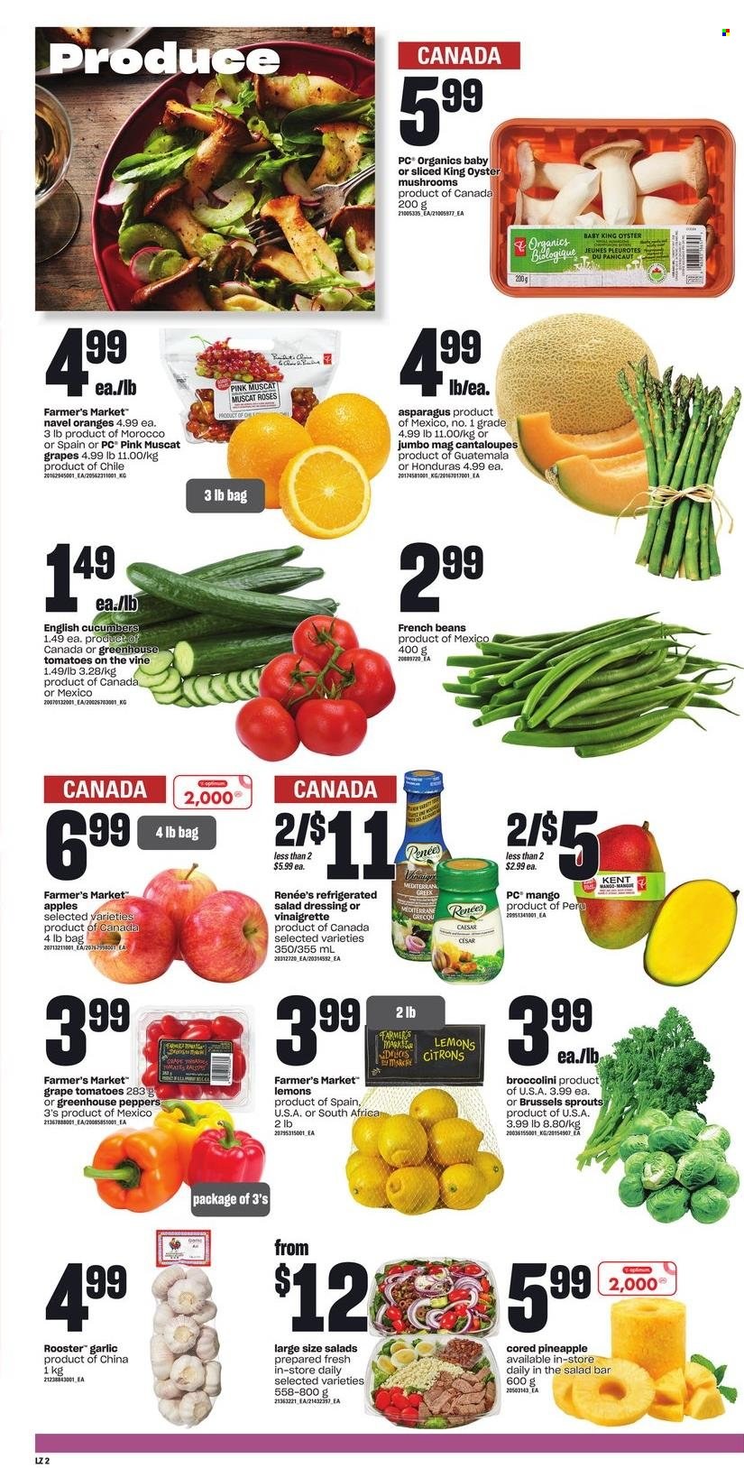thumbnail - Zehrs Flyer - March 30, 2023 - April 05, 2023 - Sales products - oyster mushrooms, mushrooms, asparagus, beans, cantaloupe, cucumber, french beans, garlic, tomatoes, peppers, brussel sprouts, broccolini, apples, mango, pineapple, oranges, lemons, navel oranges, oysters, ham, salad dressing, vinaigrette dressing, dressing, Optimum, greenhouse, rose. Page 3.