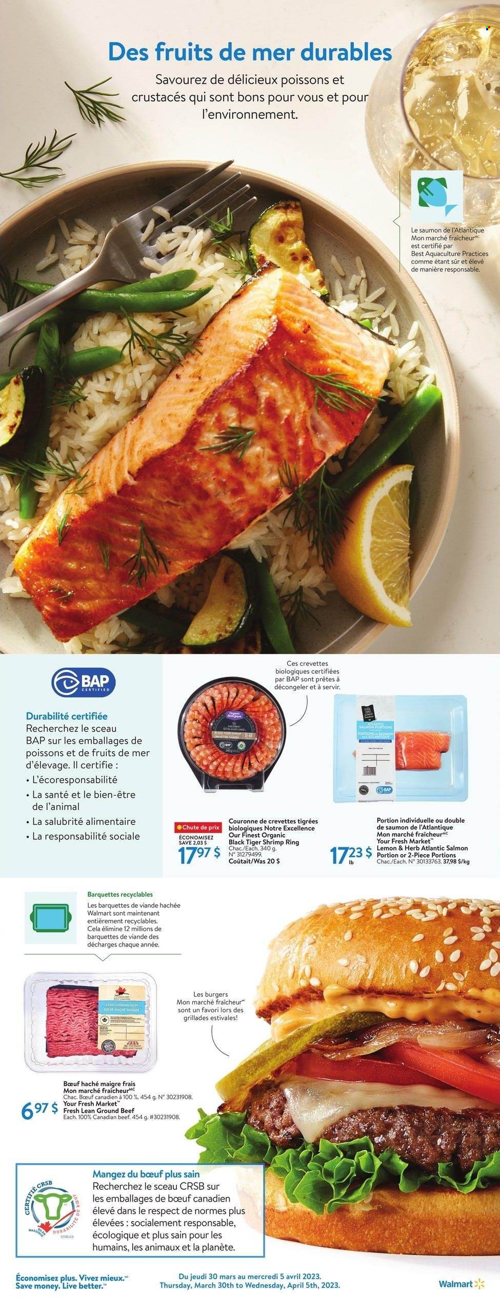 thumbnail - Circulaire Walmart - 30 Mars 2023 - 05 Avril 2023 - Produits soldés - viande, viande hachée, saumon, crevettes, biscuits. Page 18.