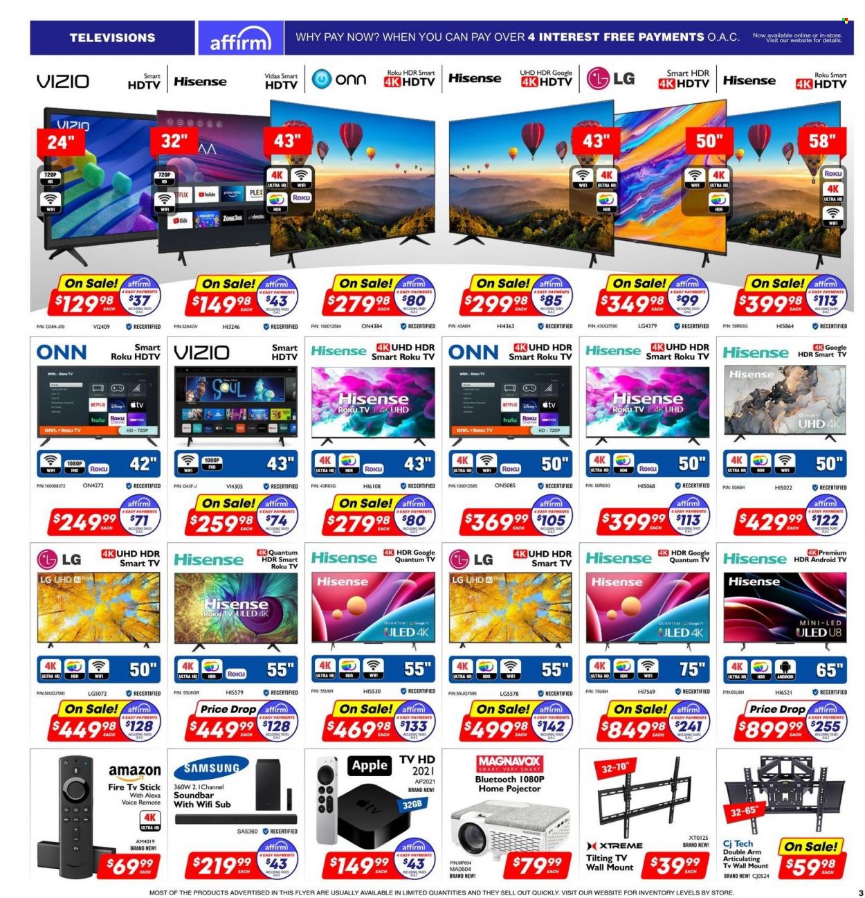 thumbnail - Factory Direct Flyer - March 29, 2023 - April 04, 2023 - Sales products - Apple, Vizio, Amazon Fire, cake, pin, Samsung, Hisense, Android TV, roku tv, UHD TV, ultra hd, HDTV, sound bar, Fire TV Stick, tv wall mount, TV stick, LG, smart tv. Page 3.