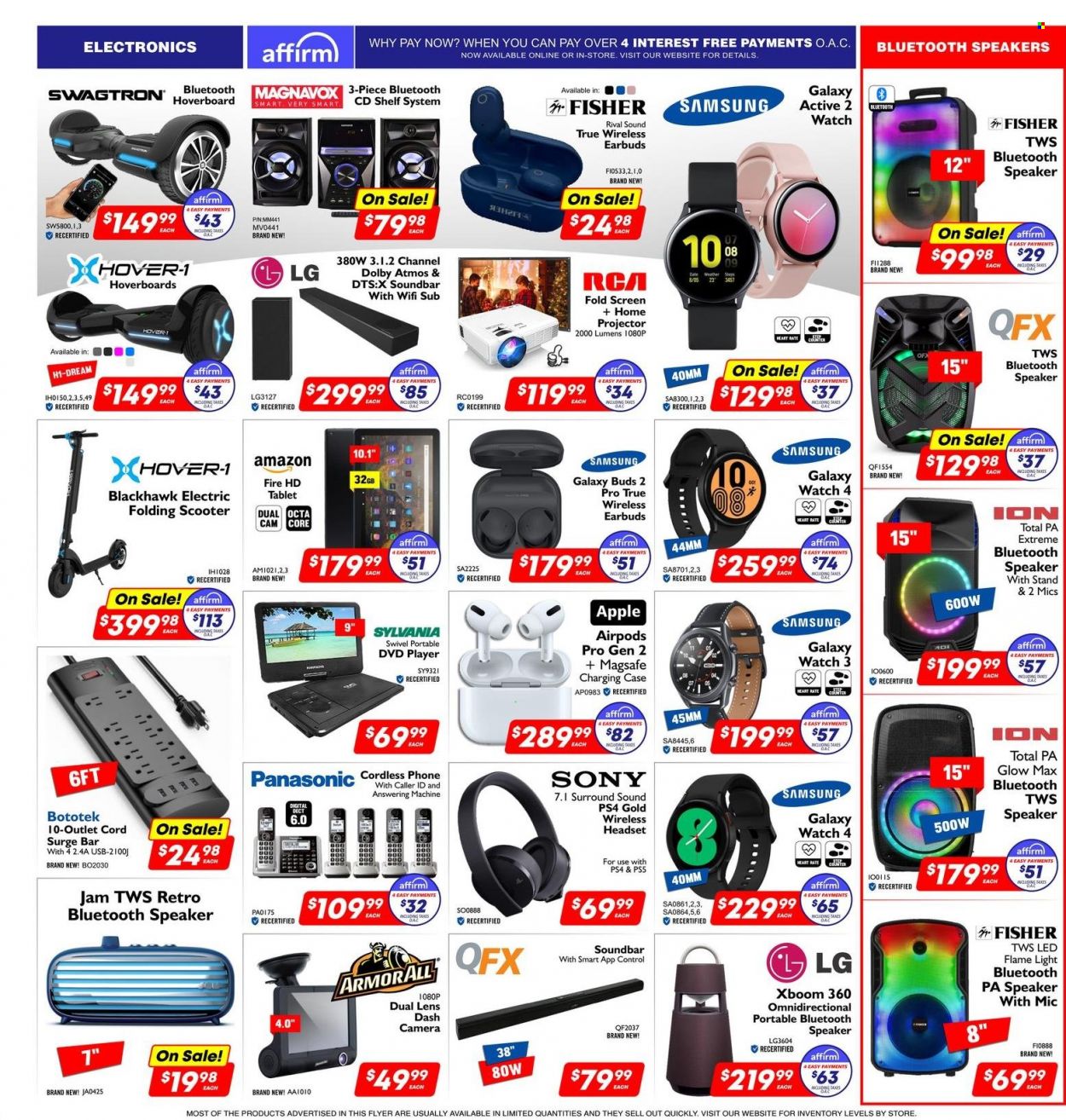thumbnail - Factory Direct Flyer - March 29, 2023 - April 04, 2023 - Sales products - Sony, Apple, tablet, Amazon Fire, Samsung Galaxy, DAC, Sylvania, Samsung, Samsung Galaxy Watch, RCA, PlayStation, PlayStation 4, PlayStation 5, lens, dual dash camera, dvd player, projector, speaker, bluetooth speaker, sound bar, headset, Airpods, earbuds, Apple AirPods Pro, Swagtron, hoverboard, camera, LG, Panasonic. Page 6.