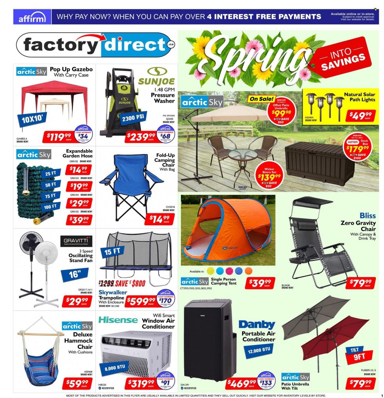thumbnail - Factory Direct Flyer - March 29, 2023 - April 04, 2023 - Sales products - chair, tray, bag, Hisense, Danby, air conditioner, portable air conditioner, stand fan, pressure washer, garden hose, hammock, tent, camping chair, camping tent. Page 1.