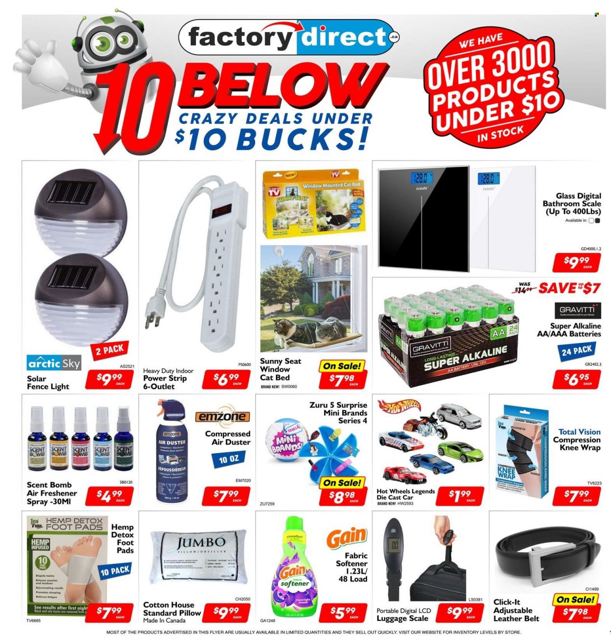 thumbnail - Factory Direct Flyer - March 25, 2023 - April 25, 2023 - Sales products - scale, personal scale, Zuru 5 Surprise, Gain, air duster, fabric softener, luggage scale, air freshener, freshener spray, battery, AAA batteries, pillow, cat bed, TV. Page 1.