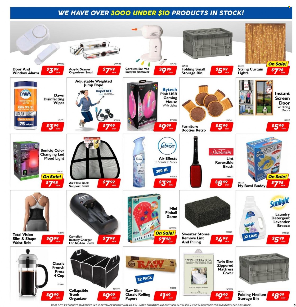 thumbnail - Factory Direct Flyer - March 25, 2023 - April 25, 2023 - Sales products - gaming mouse, Febreze, wipes, laundry detergent, Sunlight, Lenor, bin, brush, cup, bowl, battery charger, curtain, Sunbeam, mouse, alarm, French press, mattress, storage bin, belt, detergent. Page 5.