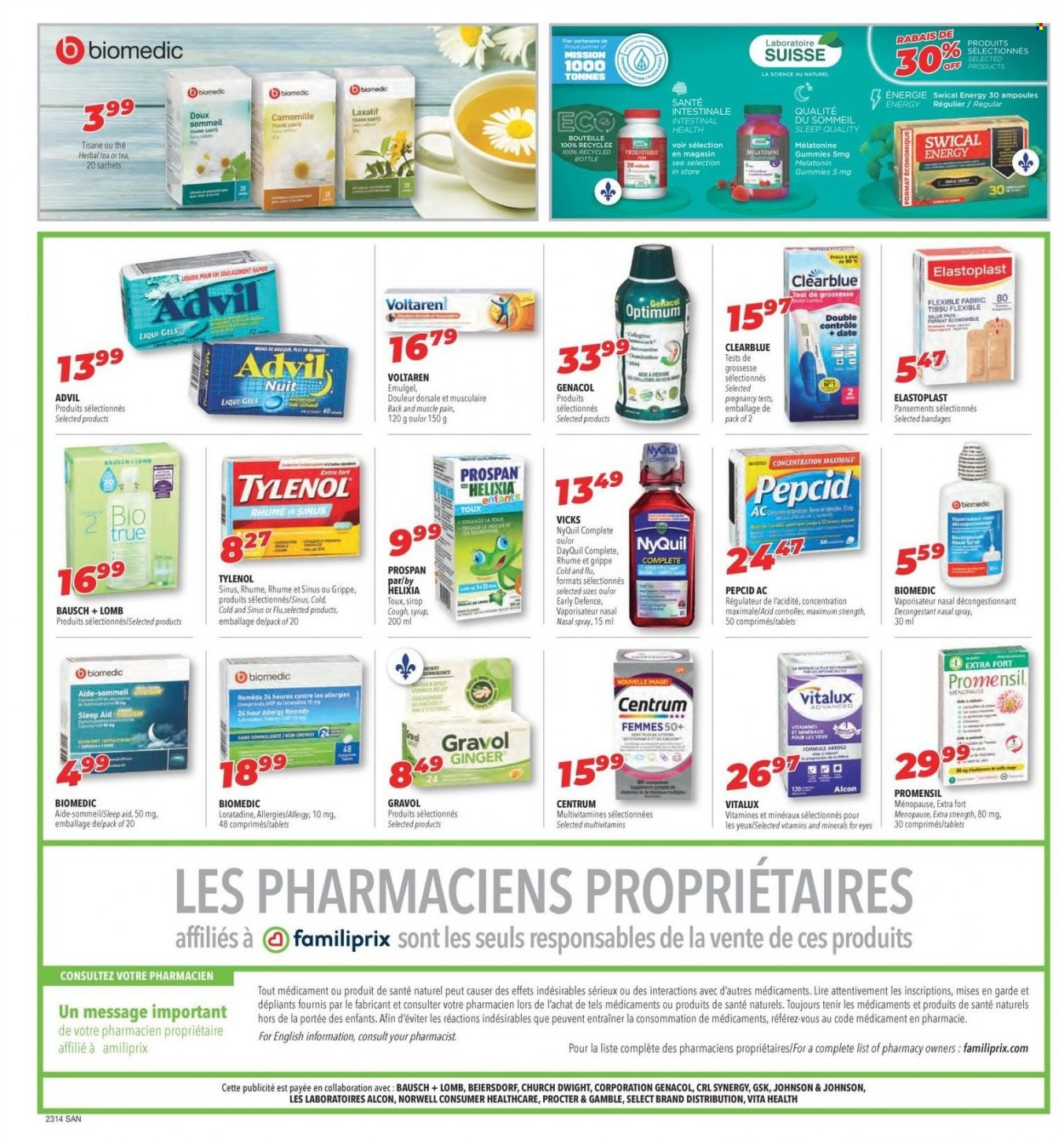 thumbnail - Familiprix Santé Flyer - March 30, 2023 - April 05, 2023 - Sales products - ginger, syrup, tea, herbal tea, Johnson's, Vicks, DayQuil, multivitamin, Tylenol, Pepcid, NyQuil, Biotrue, Advil Rapid, Centrum, nasal spray. Page 3.