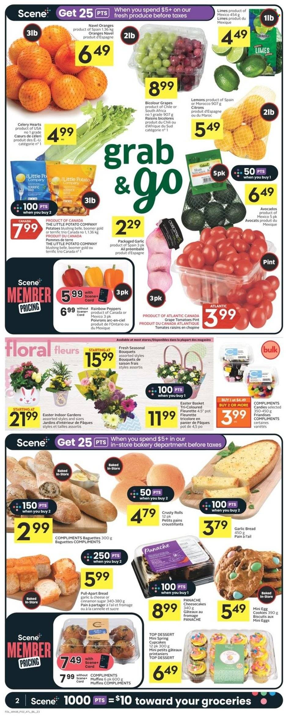 thumbnail - Co-op Flyer - March 30, 2023 - April 05, 2023 - Sales products - bread, cupcake, cheesecake, muffin, celery, tomatoes, potatoes, peppers, sleeved celery, avocado, limes, oranges, lemons, navel oranges, cookies, biscuit, sugar, cinnamon, raisins, dried fruit, basket, pot, bouquet, baguette. Page 2.