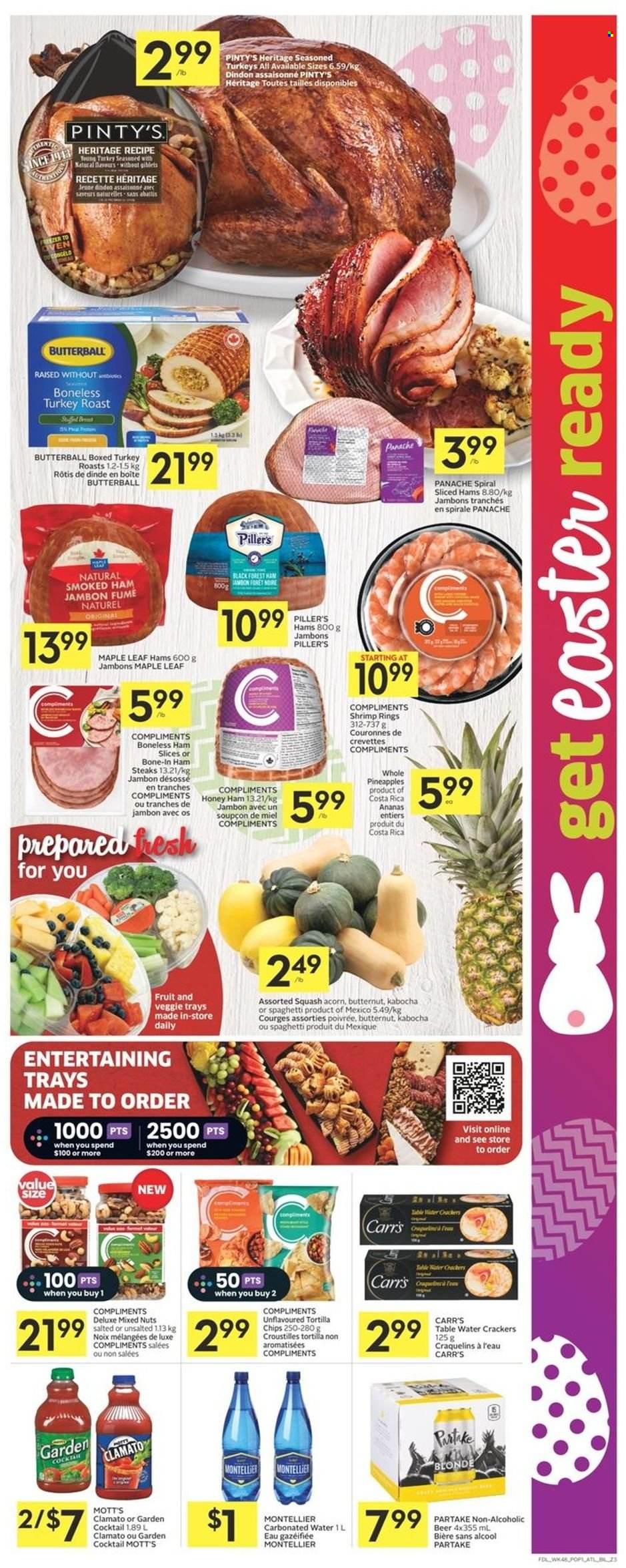 thumbnail - Co-op Flyer - March 30, 2023 - April 05, 2023 - Sales products - butternut squash, pumpkin, pineapple, Mott's, shrimps, turkey roast, roast, Butterball, ham, smoked ham, ham steaks, crackers, tortilla chips, chips, mixed nuts, Clamato, water, beer, turkey, steak. Page 3.