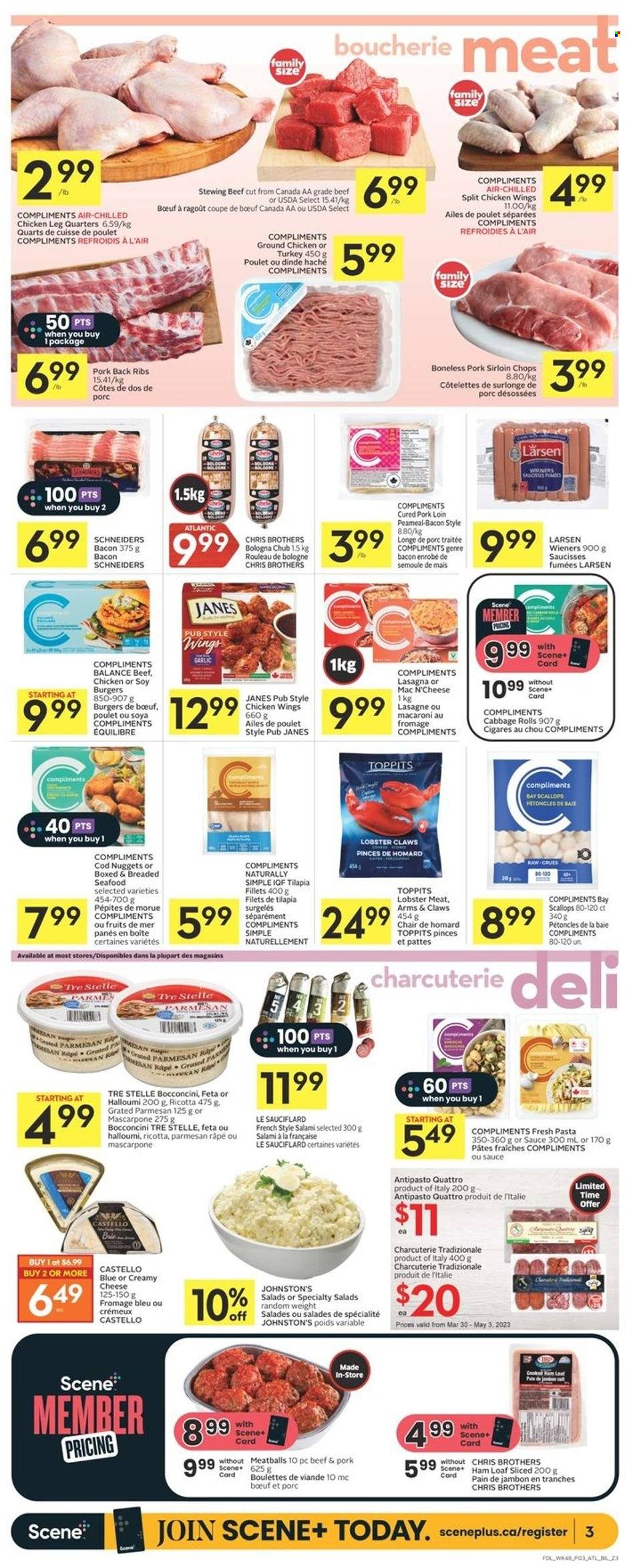thumbnail - Co-op Flyer - March 30, 2023 - April 05, 2023 - Sales products - cabbage, garlic, cod, lobster, scallops, tilapia, seafood, meatballs, macaroni, nuggets, hamburger, lasagna meal, bacon, salami, ham, bologna sausage, bocconcini, halloumi, parmesan, cheese, brie, feta, chicken wings, BROTHERS, ground chicken, chicken legs, chicken, turkey, beef meat, stewing beef, ribs, pork loin, pork meat, pork ribs, pork back ribs, mascarpone, ricotta. Page 5.