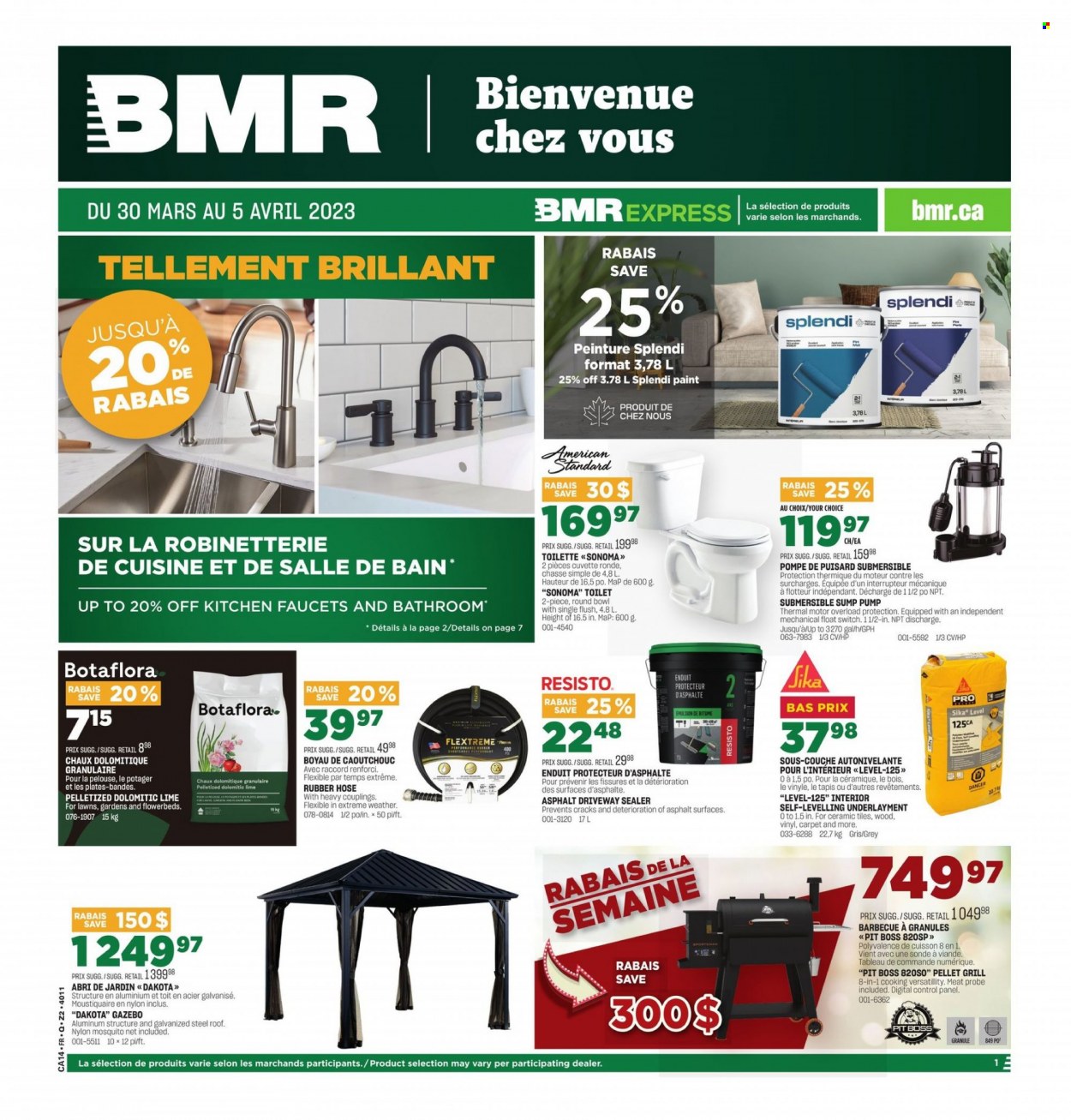 thumbnail - BMR Flyer - March 30, 2023 - April 05, 2023 - Sales products - couche, toilet, paint, switch, vinyl, gazebo, grill, pellet grill, pump. Page 1.