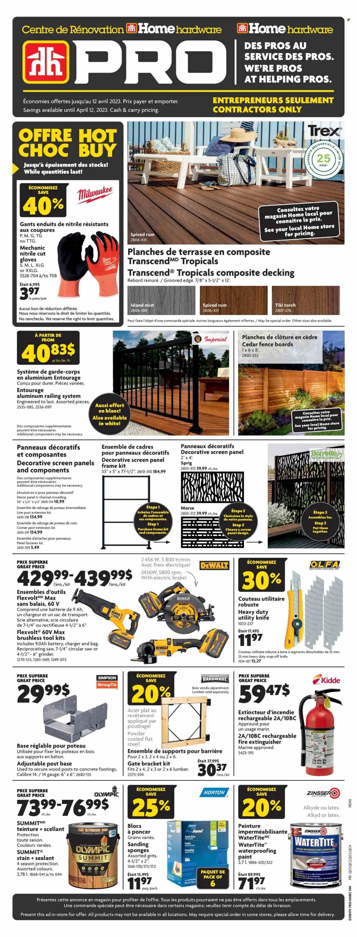 thumbnail - Home Hardware Flyer - March 30, 2023 - April 12, 2023 - Sales products - grinder, paint, Milwaukee, DeWALT, circular saw, saw, reciprocating saw, utility knife, extinguisher. Page 1.