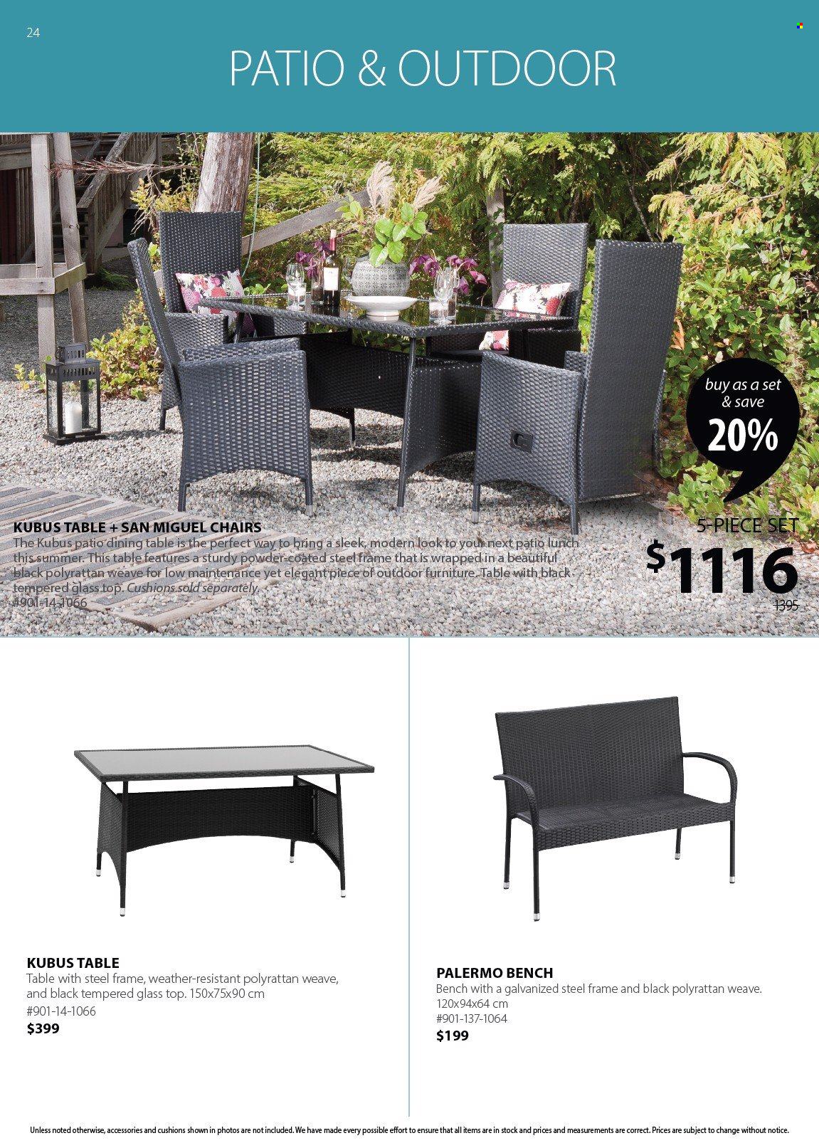 thumbnail - JYSK Flyer - Sales products - cushion, dining table, table, chair, bench, outdoor furniture. Page 24.