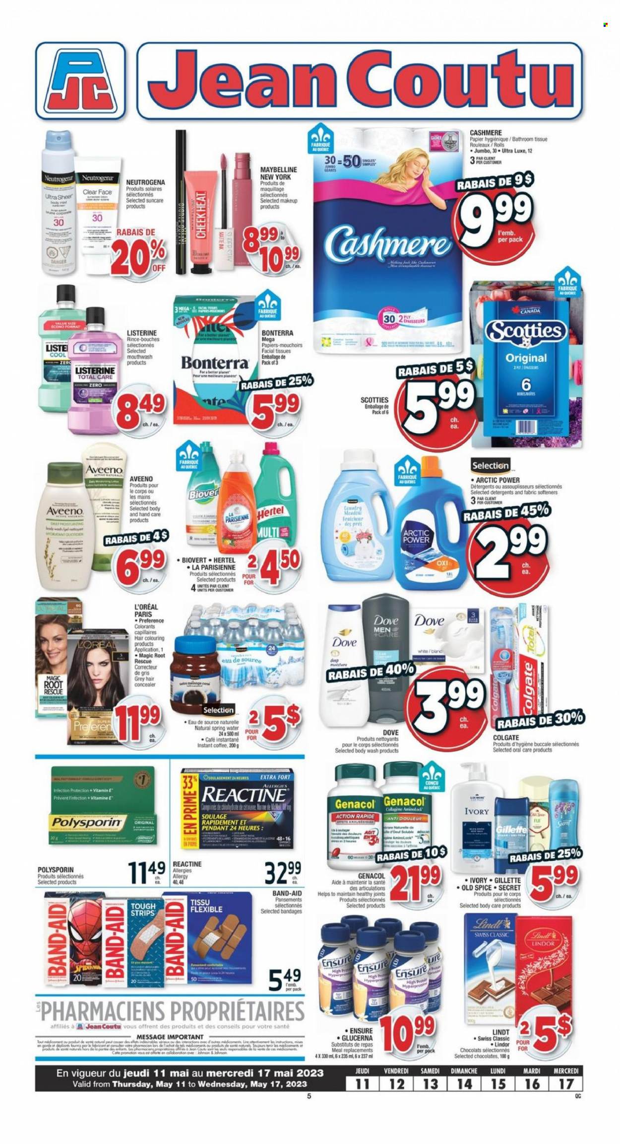 thumbnail - Jean Coutu Flyer - May 11, 2023 - May 17, 2023 - Sales products - Dove, chocolate, spring water, water, coffee, instant coffee, Johnson's, Aveeno, bath tissue, body wash, mouthwash, facial tissues, Gillette, L’Oréal, corrector, makeup, Maybelline, pendant, Glucerna, band-aid, Colgate, Listerine, Neutrogena, Old Spice, Lindt, Lindor. Page 1.