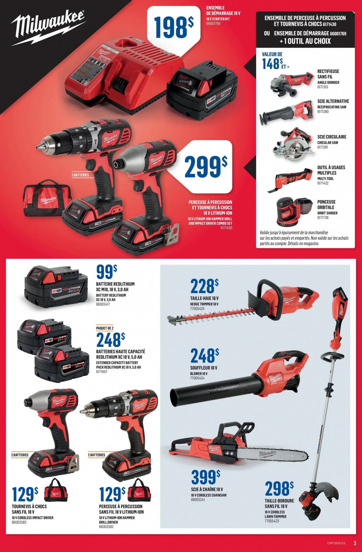 thumbnail - Canac Flyer - May 18, 2023 - May 24, 2023 - Sales products - Milwaukee, drill, impact driver, hammer drill, chain saw, grinder, circular saw, saw, angle grinder, reciprocating saw, hedge trimmer, blower, multi-tool. Page 3.