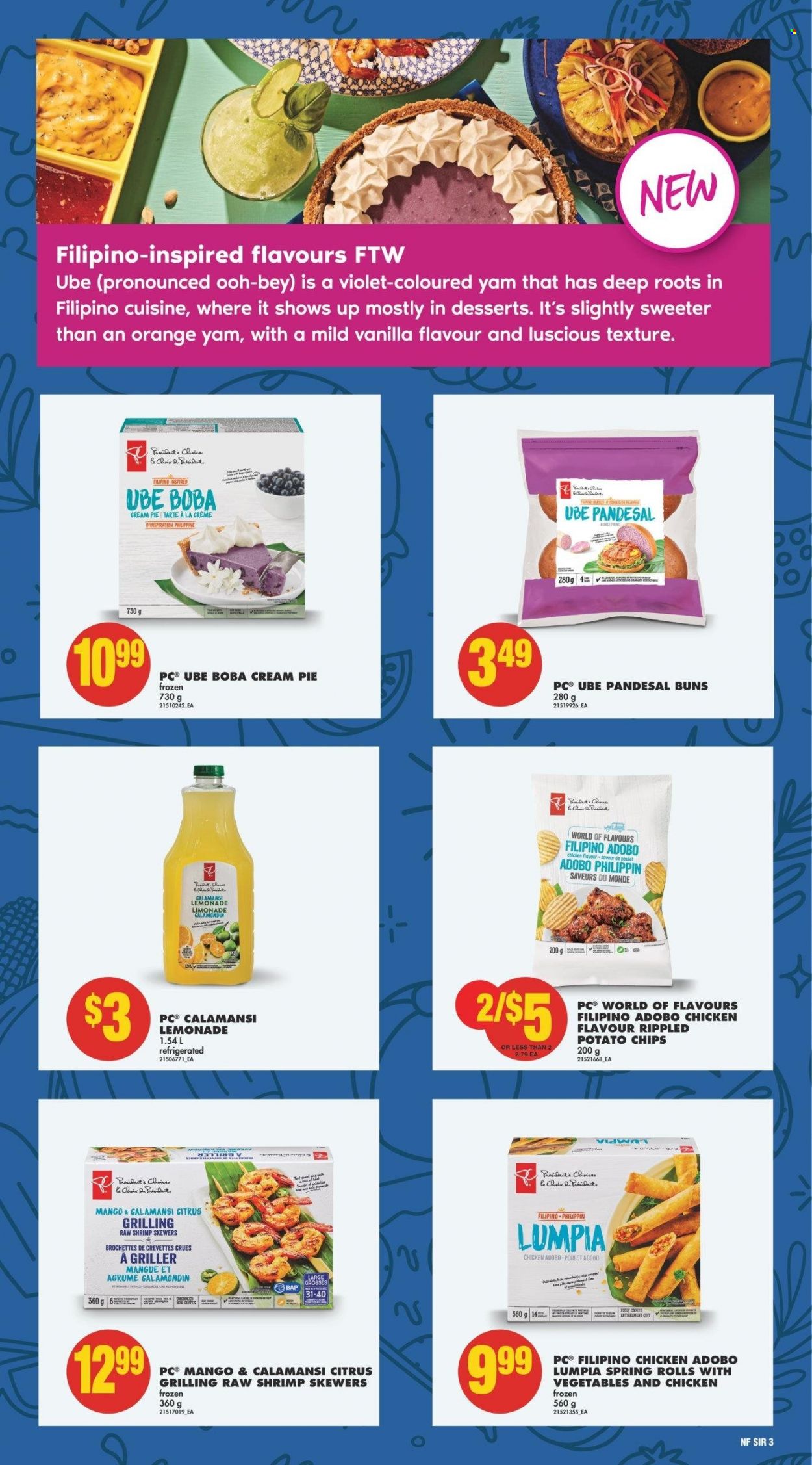 thumbnail - No Frills Flyer - May 18, 2023 - July 12, 2023 - Sales products - pie, buns, cream pie, oranges, shrimps, spring rolls, Président, potato chips, adobo sauce, lemonade, chicken, wrapper. Page 3.