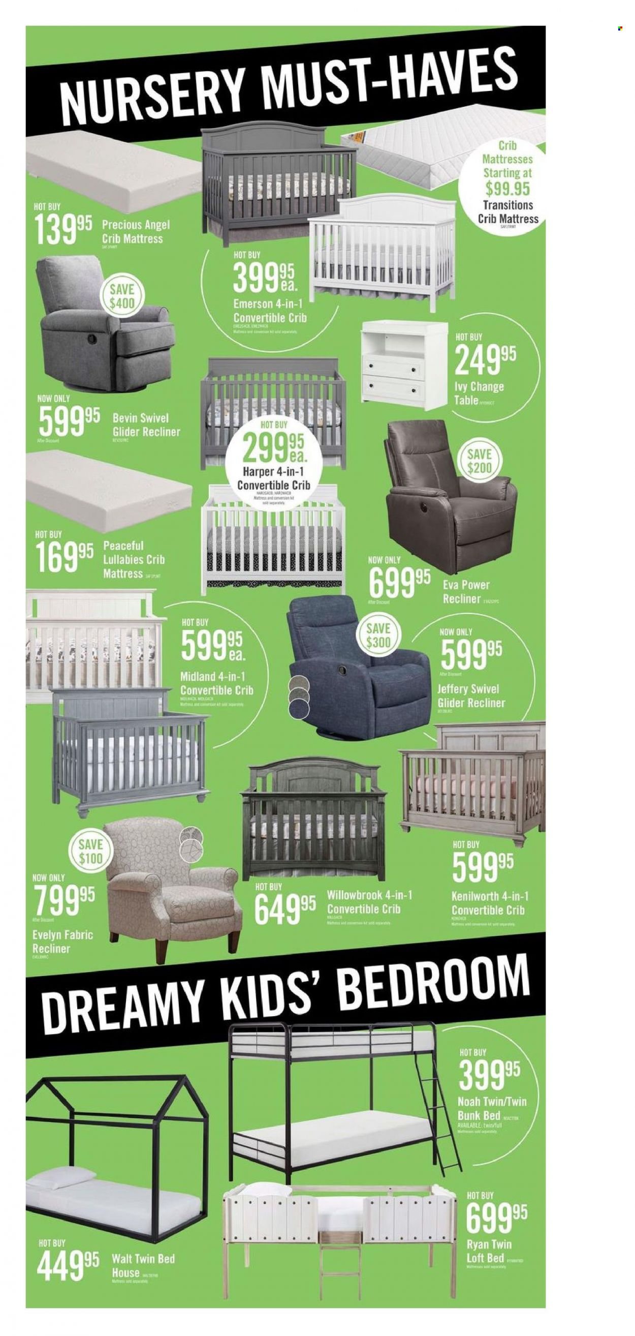 thumbnail - The Brick Flyer - May 23, 2023 - June 08, 2023 - Sales products - table, recliner chair, bed, bunk bed, mattress, loft bed, crib. Page 15.