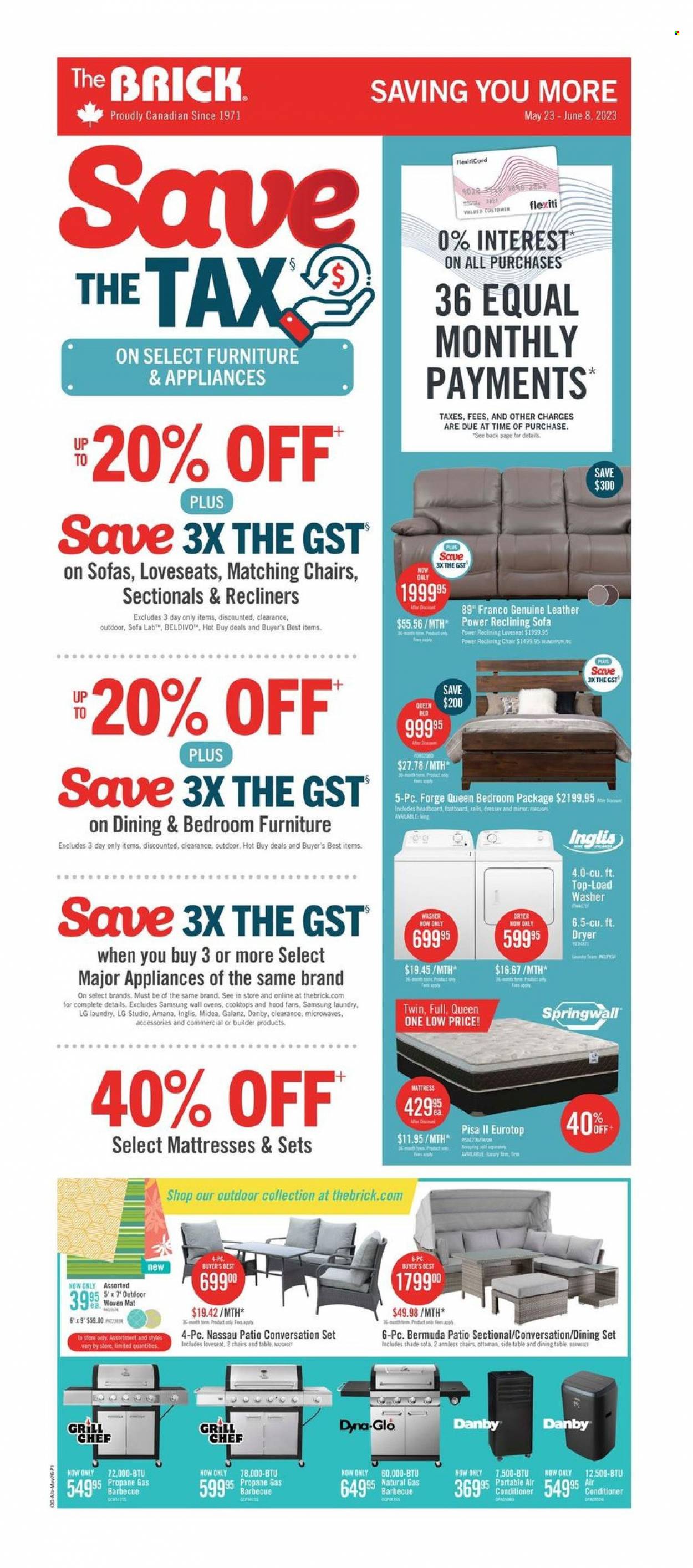 thumbnail - The Brick Flyer - May 23, 2023 - June 08, 2023 - Sales products - Samsung, Midea, Amana, Danby, washing machine, dining set, dining table, table, table set, chair, loveseat, sofa, sidetable, ottoman, bed, headboard, mattress, dresser, grill, LG. Page 1.