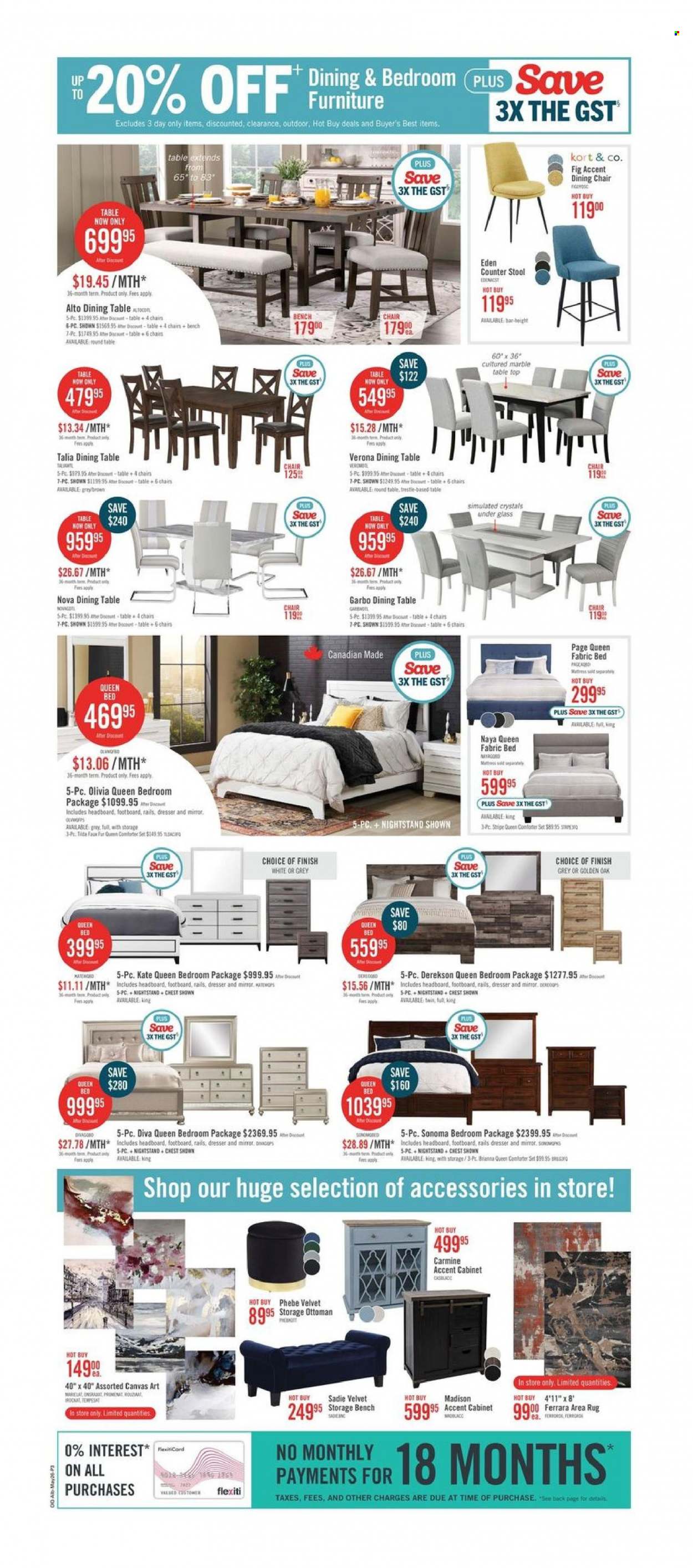 thumbnail - The Brick Flyer - May 23, 2023 - June 08, 2023 - Sales products - comforter, cabinet, dining table, table, stool, chair, dining chair, bench, ottoman, bed, queen bed, headboard, dresser, nightstand, storage bench, rug, area rug. Page 5.