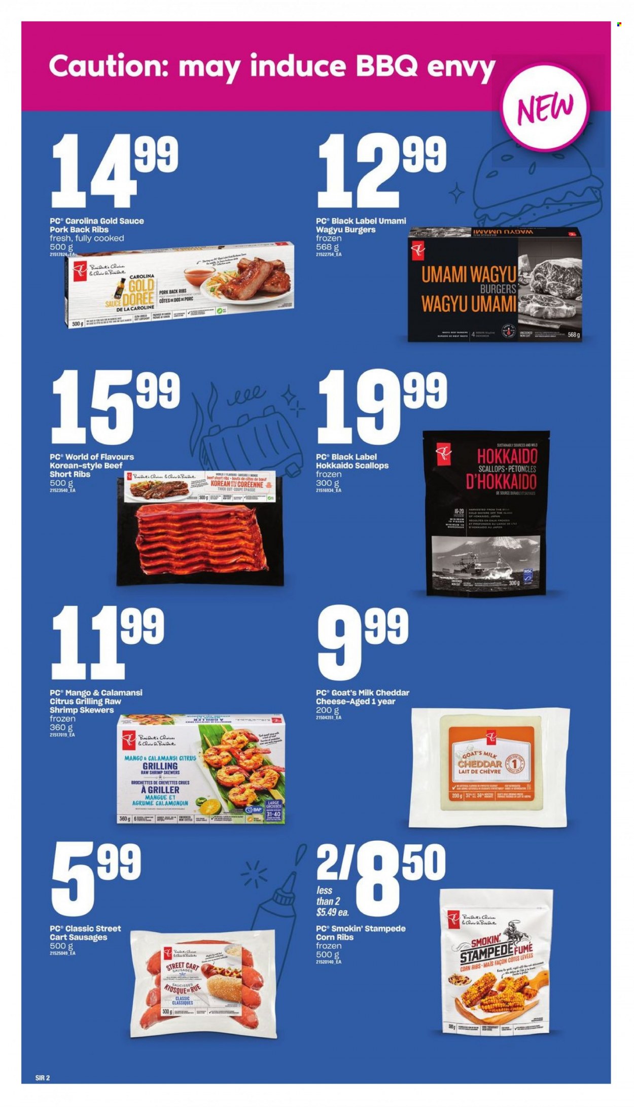 thumbnail - Independent Flyer - May 18, 2023 - July 05, 2023 - Sales products - corn, hokkaido, scallops, shrimps, shrimp skewers, hamburger, sauce, sausage, cheddar, cheese, milk, beef ribs, ribs, pork meat, pork ribs, pork back ribs. Page 2.