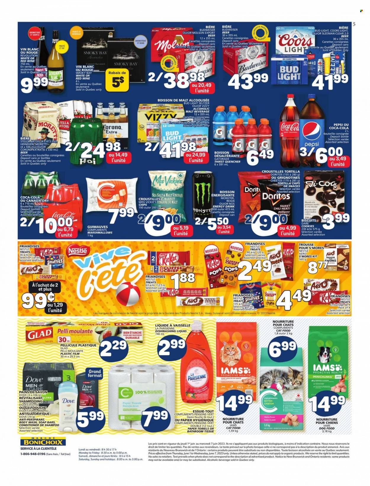 thumbnail - Marché Bonichoix Flyer - June 01, 2023 - June 07, 2023 - Sales products - milk, cookies, Dove, marshmallows, chocolate, KitKat, biscuit, Doritos, tortilla chips, Cheetos, chips, salty snack, Canada Dry, Coca-Cola, Pepsi, energy drink, Monster, soft drink, Gatorade, Cabernet Sauvignon, red wine, wine, alcohol, Hard Seltzer, beer, Stella Artois, Bud Light, Corona Extra, Heineken, bath tissue, kitchen towels, paper towels, dishwashing liquid, body wash, shampoo, soap, conditioner, anti-perspirant, electrolyte drink, Budweiser, Nestlé, Smarties, Coors. Page 5.
