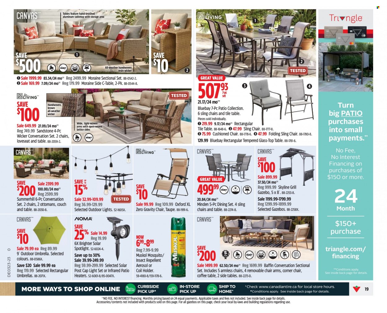 thumbnail - Canadian Tire Flyer - June 02, 2023 - June 08, 2023 - Sales products - chair, repellent, spotlight, dining set, table, corner chair, loveseat, couch, coffee table, sidetable, c-table, light set, gazebo, umbrella, grill. Page 21.