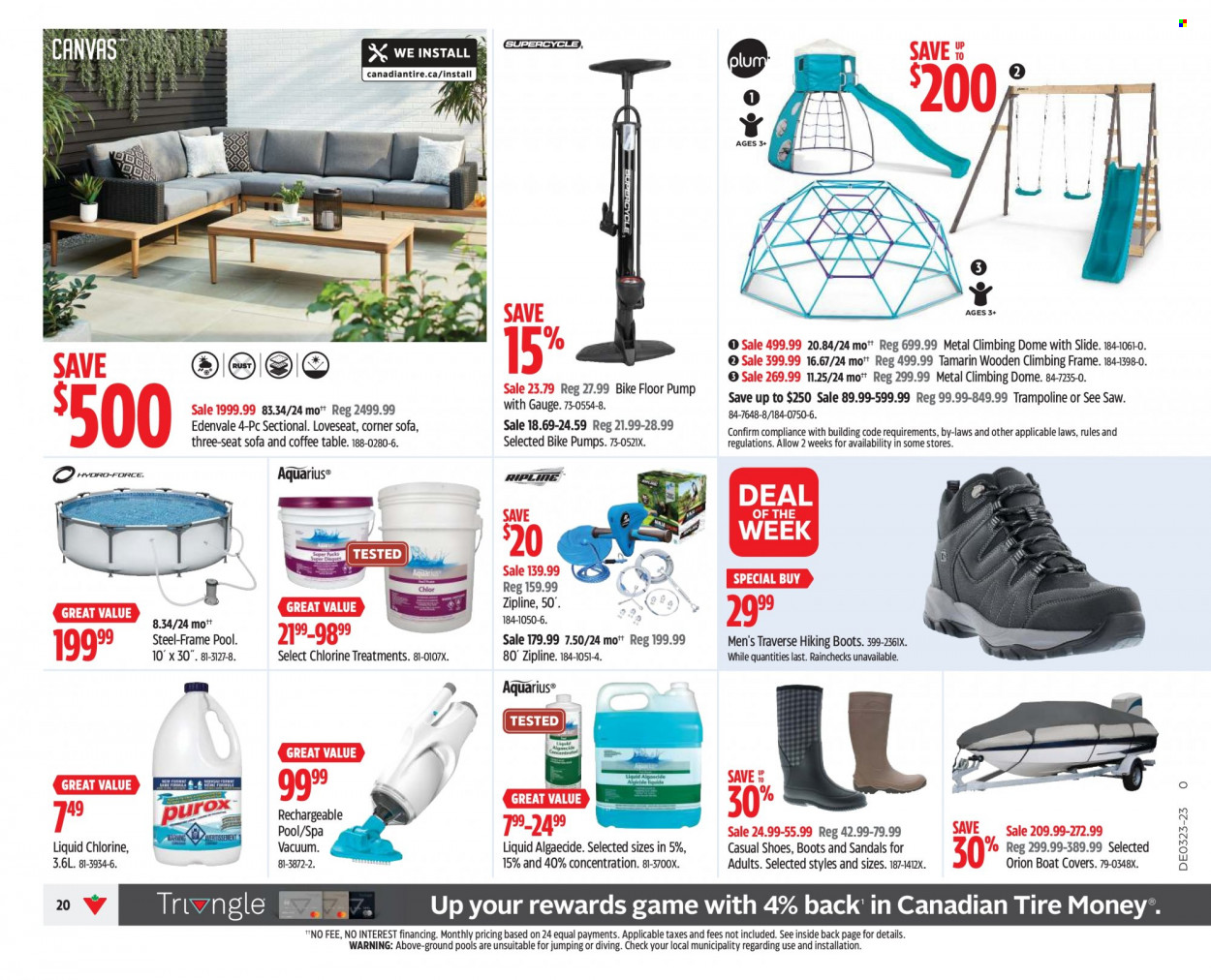 thumbnail - Canadian Tire Flyer - June 02, 2023 - June 08, 2023 - Sales products - table, corner sofa, loveseat, sofa, coffee table, boots, sandals, shoes, bicycle, boat cover, trampoline, saw, pool. Page 22.