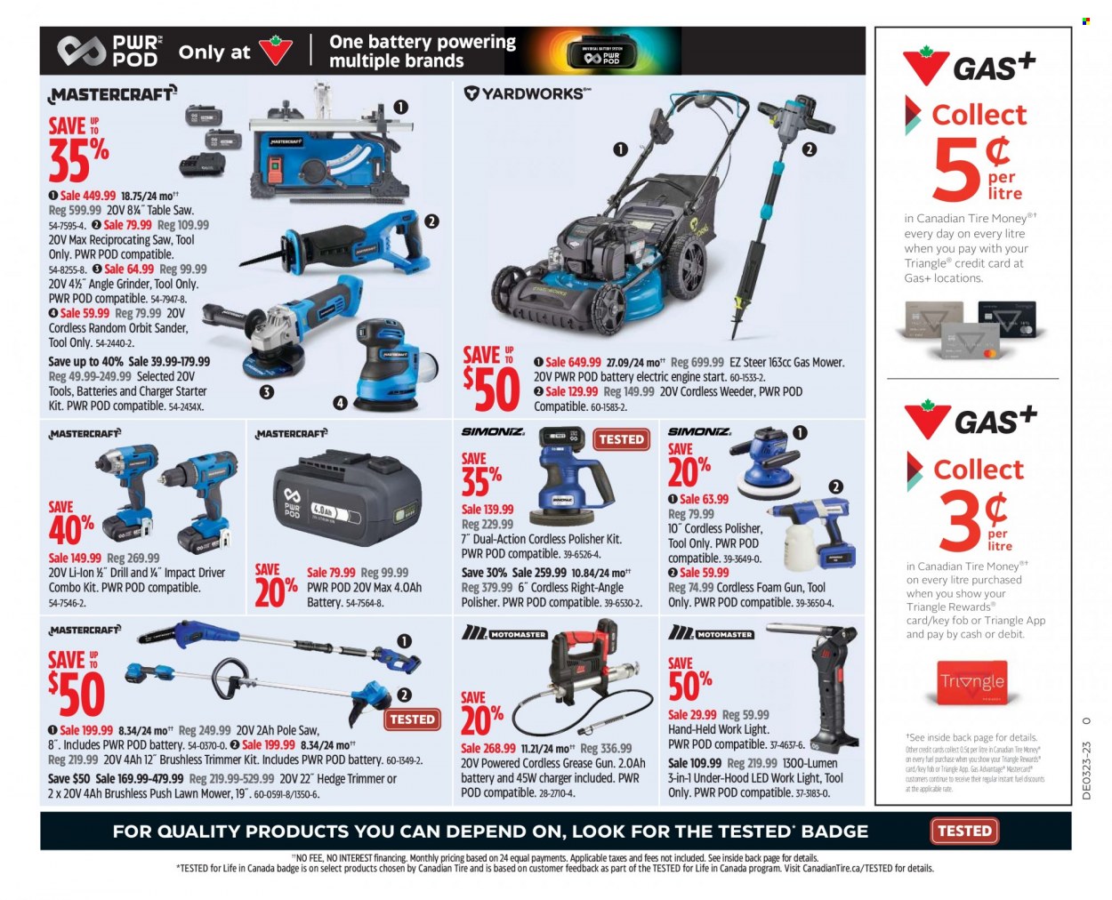 thumbnail - Canadian Tire Flyer - June 02, 2023 - June 08, 2023 - Sales products - grinder, trimmer, table, gun, drill, impact driver, random orbit sander, saw, angle grinder, reciprocating saw, table saw, lawn mower, hedge trimmer, combo kit. Page 42.
