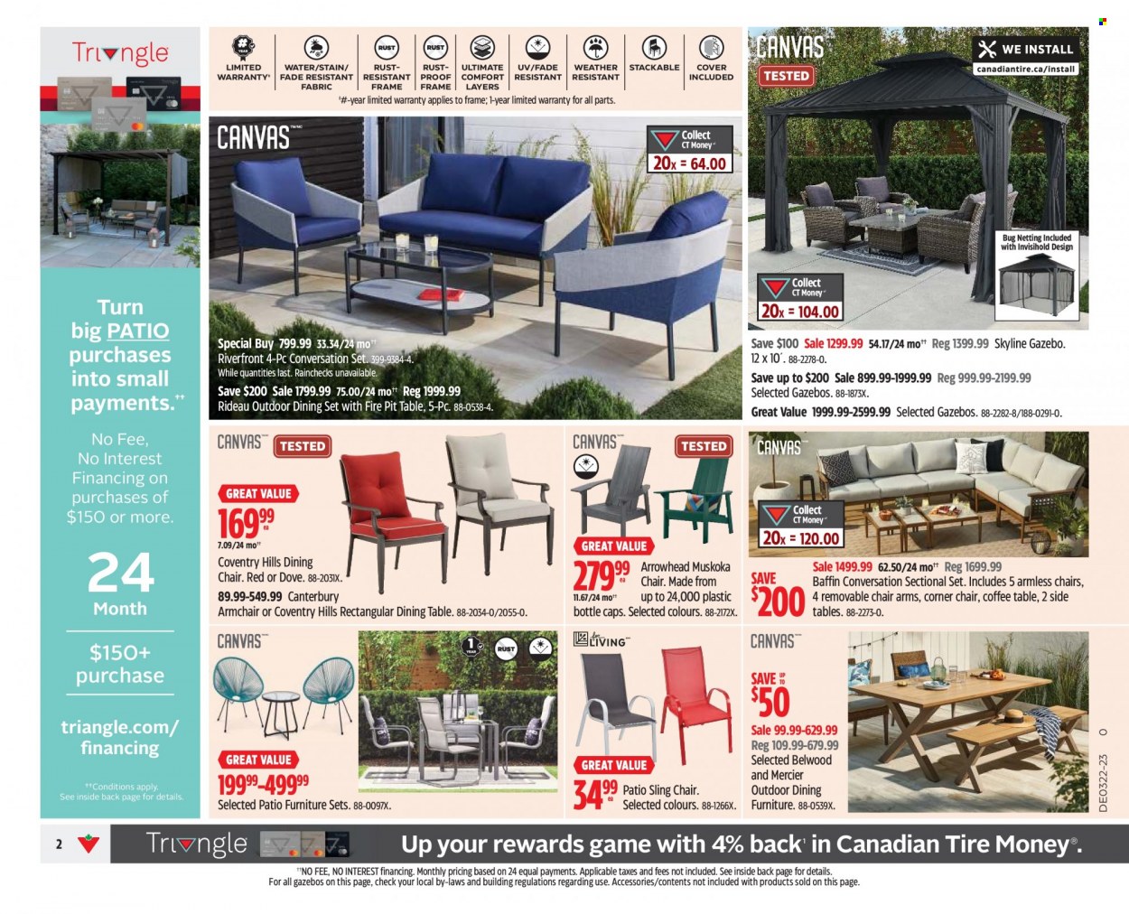 thumbnail - Canadian Tire Flyer - June 02, 2023 - June 08, 2023 - Sales products - chair, Dove, chair pad, Hill's, dining set, dining table, table, dining chair, arm chair, corner chair, coffee table, sidetable, patio furniture, Canterbury, gazebo, fire bowl. Page 2.