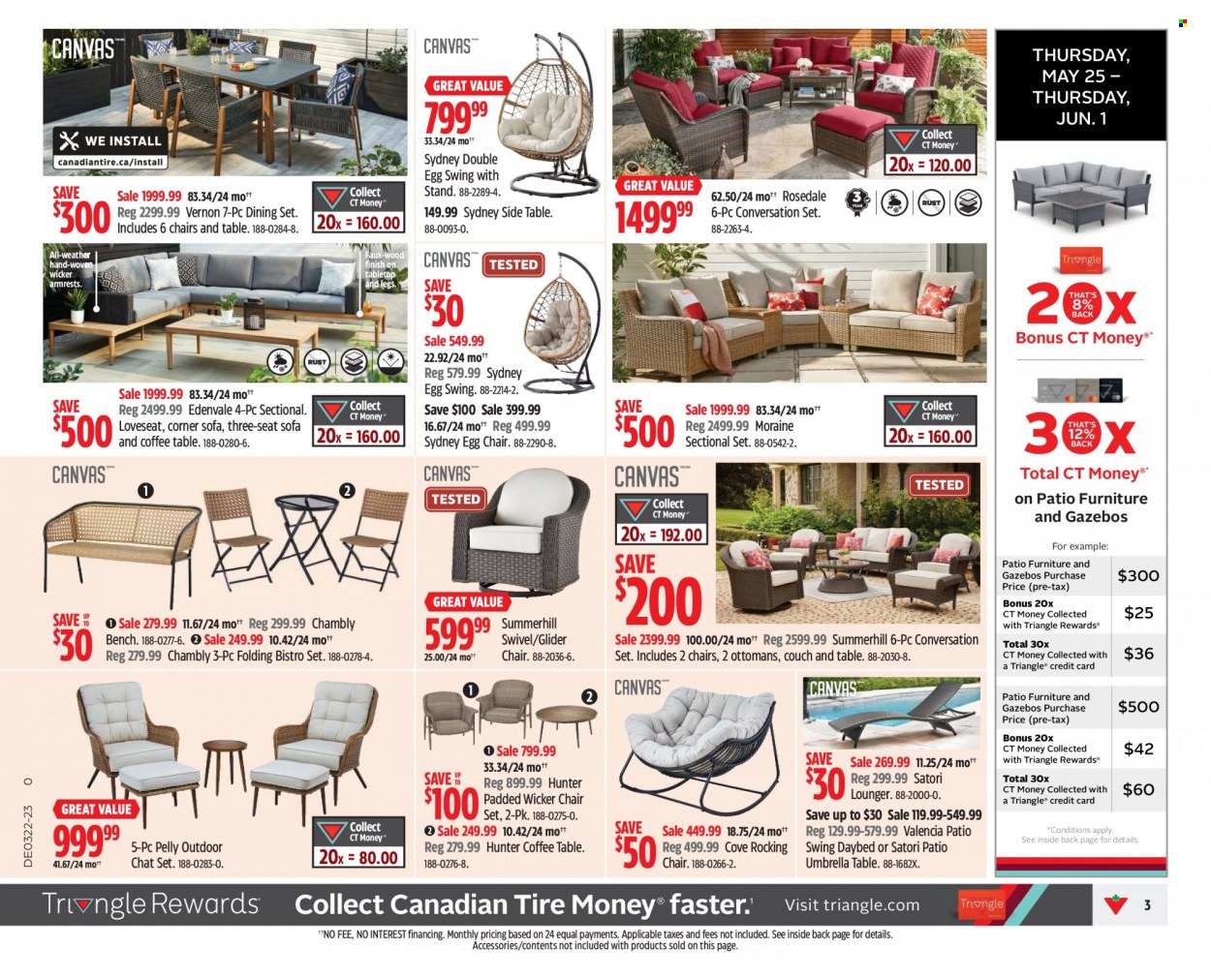 thumbnail - Canadian Tire Flyer - June 02, 2023 - June 08, 2023 - Sales products - chair, dining set, table, bench, corner sofa, loveseat, rocking chair, sofa, couch, coffee table, sidetable, daybed, patio furniture, lounger, patio swing, gazebo, umbrella. Page 3.