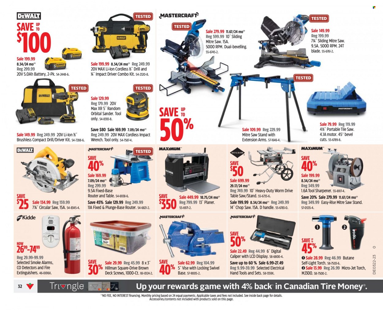 thumbnail - Canadian Tire Flyer - June 02, 2023 - June 08, 2023 - Sales products - Jet, sharpener, battery, router, table, torch, impact driver, circular saw, saw, planer, table saw, combo kit, hand tools, saw stand. Page 32.