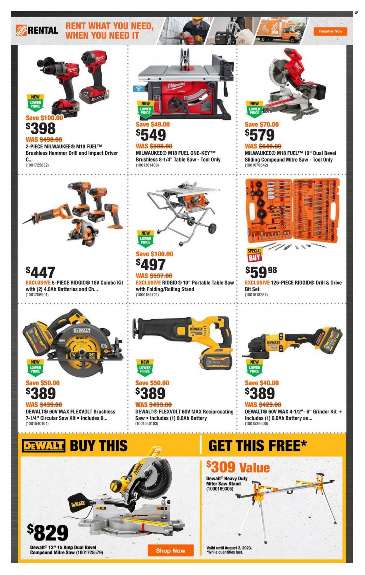 thumbnail - The Home Depot Flyer - June 01, 2023 - June 14, 2023 - Sales products - table, Milwaukee, DeWALT, impact driver, Ridgid, hammer drill, grinder, circular saw, saw, reciprocating saw, table saw, combo kit, saw stand, bit set. Page 2.