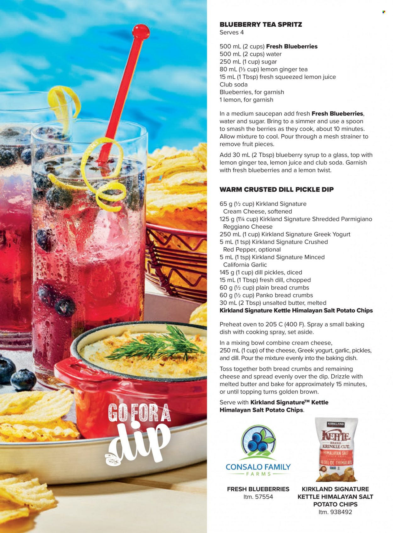 thumbnail - Costco Flyer - June 01, 2023 - June 30, 2023 - Sales products - breadcrumbs, panko breadcrumbs, garlic, blueberries, cream cheese, cheese, Parmigiano Reggiano, greek yoghurt, yoghurt, potato chips, chips, topping, dill pickle, dill, syrup, Club Soda, water, lemon juice, tea, mixing bowl, spoon, saucepan, bowl, oven. Page 53.