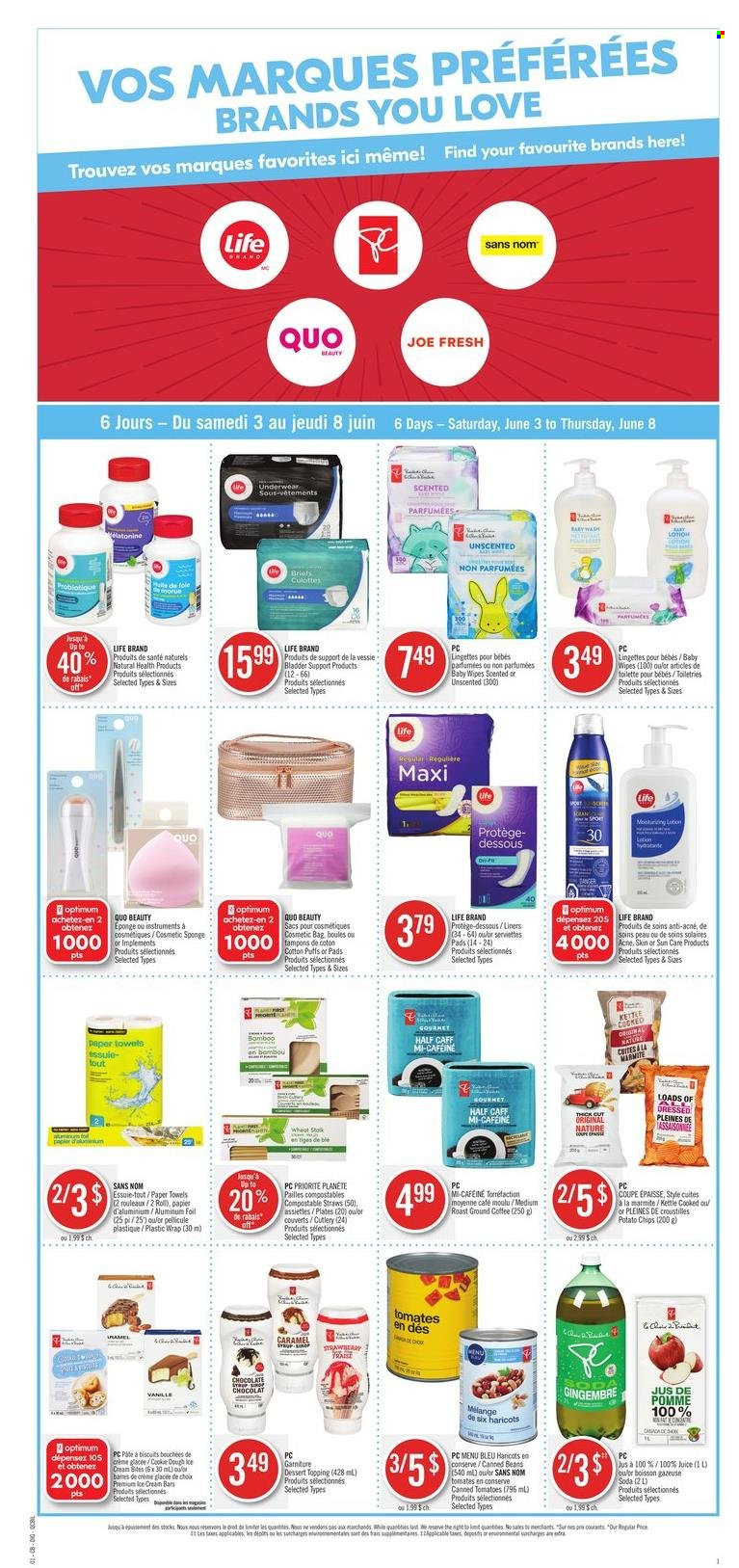 thumbnail - Pharmaprix Flyer - June 03, 2023 - June 08, 2023 - Sales products - dessert, tomatoes, roast, ice cream, ice cream bars, biscuit, potato chips, chips, topping, canned tomatoes, caramel, juice, soda, ground coffee, wipes, baby wipes, kitchen towels, paper towels, tampons, sun care, cosmetic sponge, body lotion, cosmetic bag, serviettes, plate, straw, aluminium foil, Optimum. Page 8.