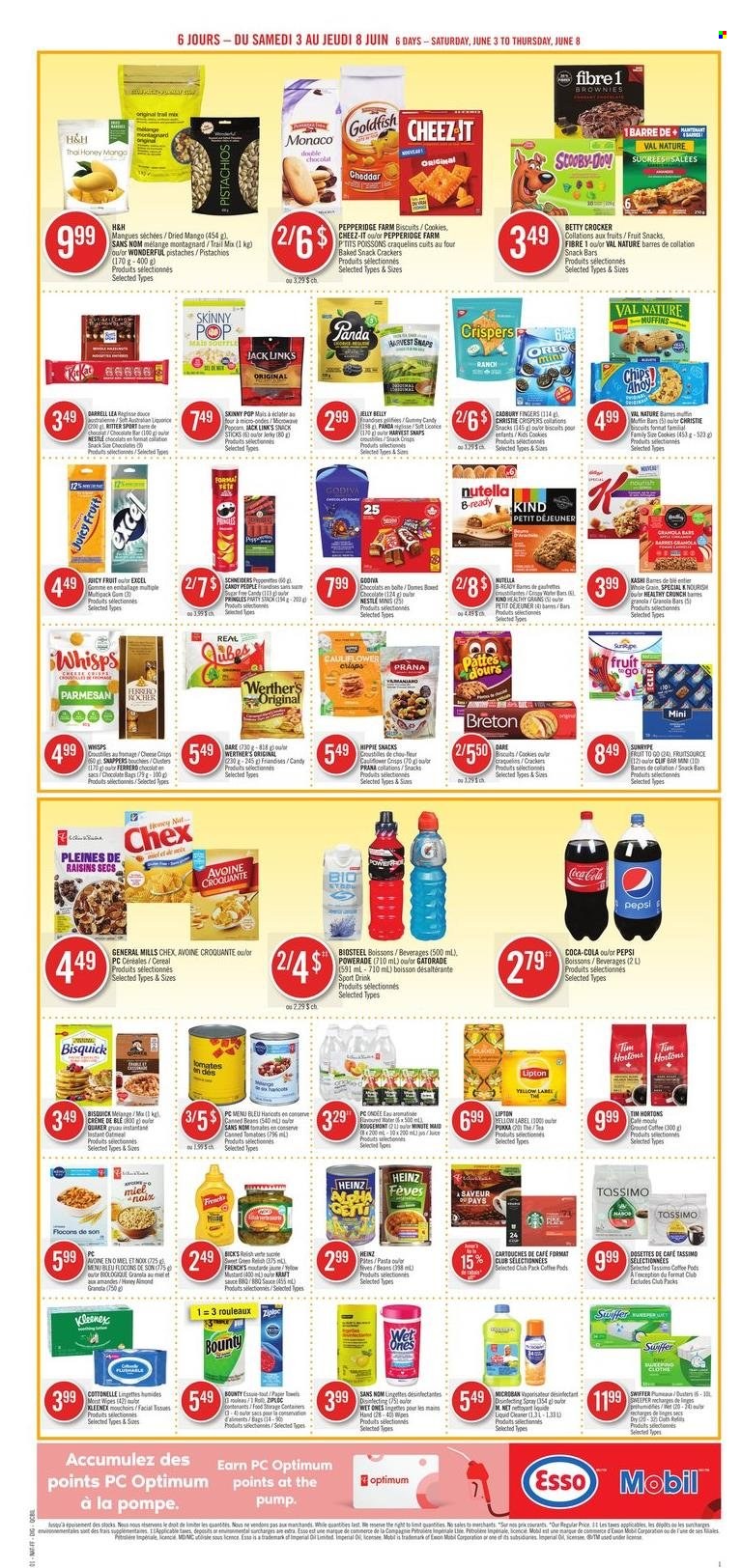 thumbnail - Pharmaprix Flyer - June 03, 2023 - June 08, 2023 - Sales products - brownies, muffin, tomatoes, mango, pasta, sauce, Quaker, jerky, parmesan, cheese, Oreo, cookies, Bounty, jelly, crackers, biscuit, Cadbury, Ritter Sport, fruit snack, snack bar, chocolate bar, Candy, Werther's Original, General Mills, Pringles, Goldfish, Cheez-It, Skinny Pop, Jack Link's, salty snack, Bisquick, Harvest Snaps, canned tomatoes, cereals, granola bar, honey, raisins, dried fruit, pistachios, trail mix, Coca-Cola, Powerade, Pepsi, energy drink, soft drink, Gatorade, fruit punch, water, coffee, coffee pods, ground coffee, wipes, Cottonelle, Kleenex, cleaner, liquid cleaner, Swiffer, antibacterial spray, Ziploc, storage box, storage container, paper, Optimum, panda, electrolyte drink, Nestlé, Heinz, Nutella, Lipton, Ferrero Rocher. Page 12.