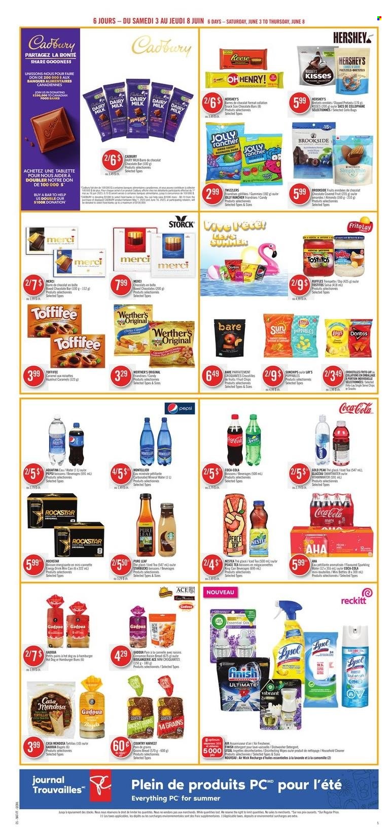 thumbnail - Pharmaprix Flyer - June 03, 2023 - June 08, 2023 - Sales products - bagels, bread, tortillas, pretzels, Ace, hot dog, hamburger, snack, dip, Hershey's, Country Harvest, Cadbury, Merci, Dairy Milk, chocolate bar, Candy, Werther's Original, chips, Lay’s, Ruffles, Tostitos, salsa, almonds, raisins, dried fruit, Coca-Cola, Sprite, Pepsi, energy drink, ice tea, soft drink, Rockstar, Aquafina, mineral water, Smartwater, water, Pure Leaf, Starbucks, cleansing wipes, wipes, Lysol, Finish Quantum Ultimate, Cello, air freshener, Air Wick, essential oils, Optimum. Page 13.