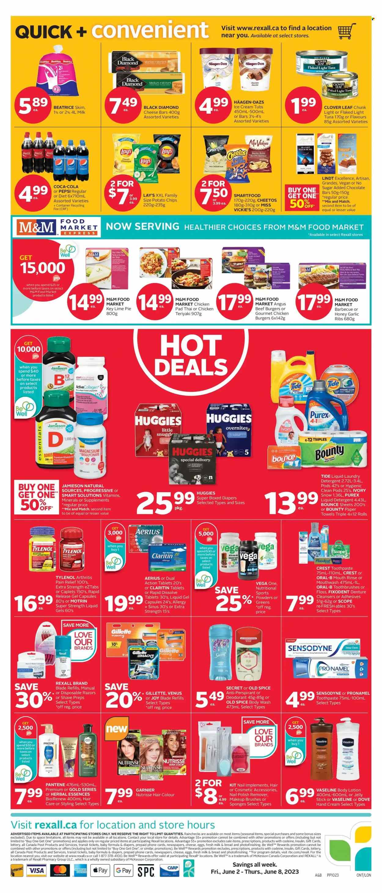 thumbnail - Rexall Flyer - June 02, 2023 - June 08, 2023 - Sales products - bread, eggs, Dove, chocolate, Bounty, Santa, chocolate bar, potato chips, Cheetos, chips, Lay’s, Smartfood, salty snack, garlic, tuna, tuna in water, light tuna, sauce, dill, Coca-Cola, Pepsi, soft drink, Clover, water, nappies, kitchen towels, paper towels, Tide, liquid detergent, laundry detergent, Bounce, Purex, body wash, Vaseline, toothpaste, mouthwash, Fixodent, Crest, Gillette, Pantene, hair color, Herbal Essences, body lotion, hand cream, anti-perspirant, Venus, disposable razor, shave foam, cosmetic accessory, nail polish remover, makeup, container, pain relief, magnesium, Tylenol, vitamin D3, Motrin, Claritin, detergent, Garnier, Huggies, Old Spice, Oral-B, Sensodyne, Lindt, M&M's, deodorant. Page 10.