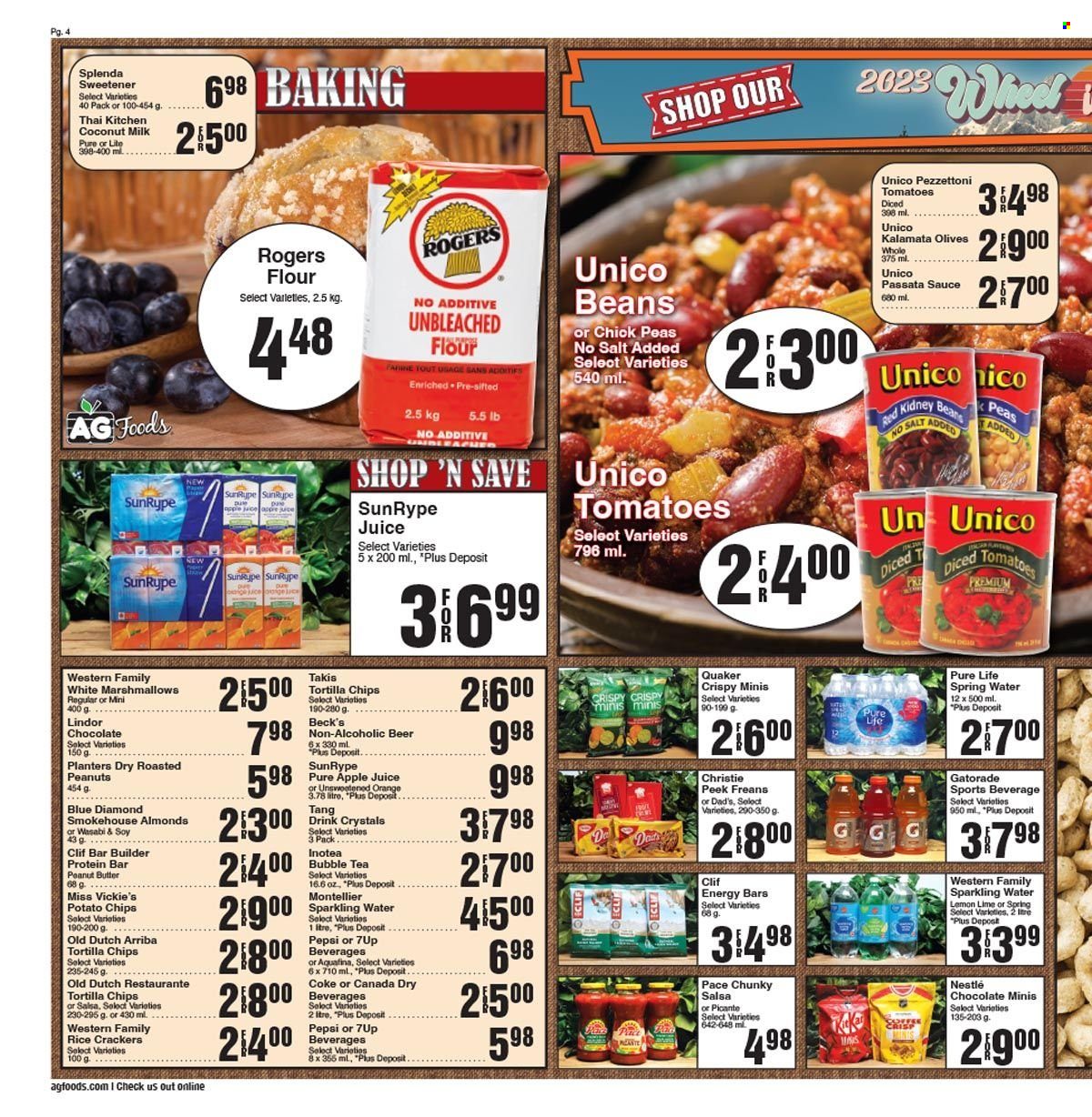 thumbnail - AG Foods Flyer - May 28, 2023 - July 03, 2023 - Sales products - beans, peas, sauce, Quaker, marshmallows, crackers, tortilla chips, potato chips, chips, rice crackers, sweetener, coconut milk, olives, protein bar, energy bar, salsa, peanut butter, almonds, roasted peanuts, peanuts, Planters, Blue Diamond, apple juice, Canada Dry, Coca-Cola, Pepsi, juice, soft drink, 7UP, Gatorade, Coke, Aquafina, spring water, sparkling water, water, tea, bubble tea, alcohol, beer, Beck's, non-alcoholic beer, electrolyte drink, Nestlé, Lindor. Page 4.