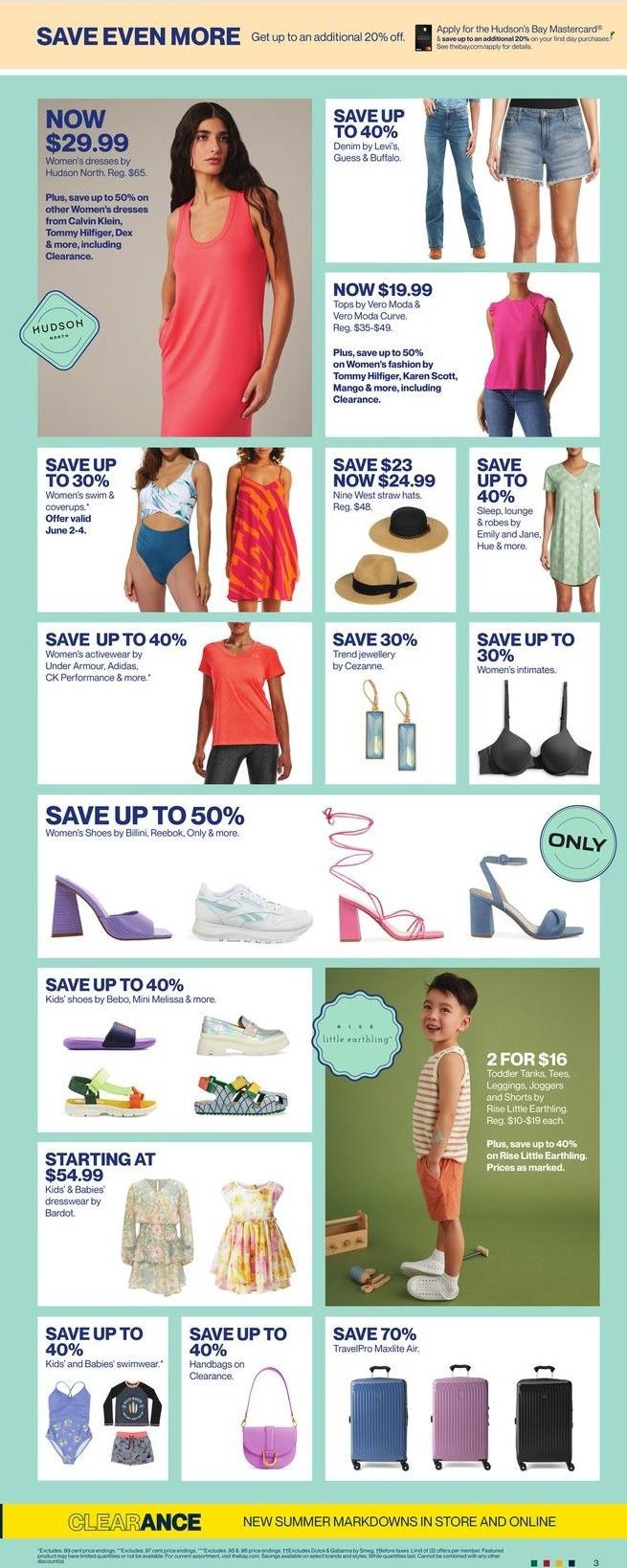 thumbnail - Hudson's Bay Flyer - June 02, 2023 - June 08, 2023 - Sales products - Guess, Smeg, straw, table, lounge, Scott, Tommy Hilfiger, Levi's, dress, t-shirt, tops, joggers, leggings, hat, Travelpro, handbag, robe, swimming suit, shoes, Adidas, Calvin Klein, Reebok, shorts, Under Armour. Page 2.