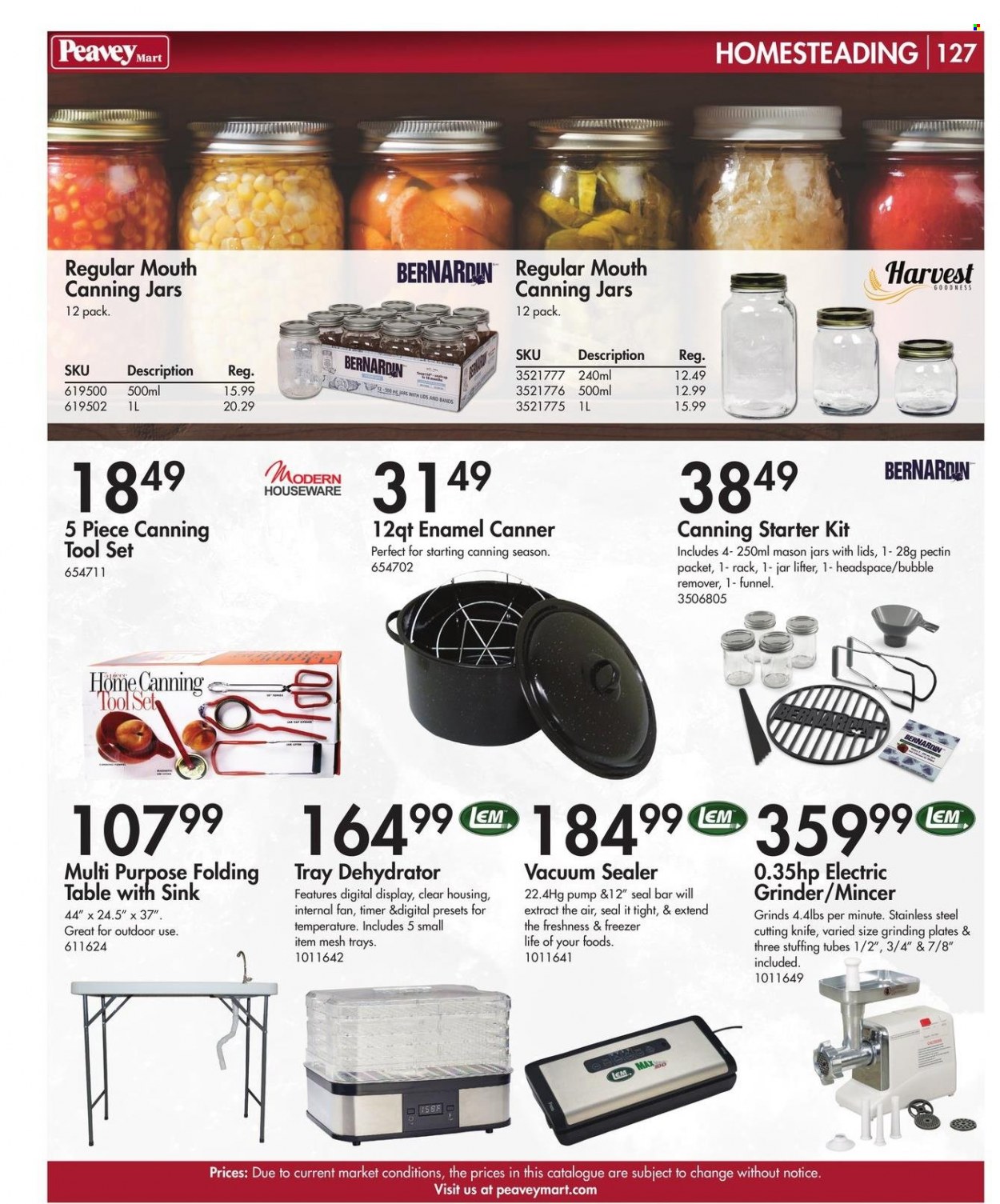 thumbnail - Peavey Mart Flyer - Sales products - knife, houseware, vacuum sealer, plate, jar, canning jar, table, folding table, sink, grinder, tool set. Page 128.