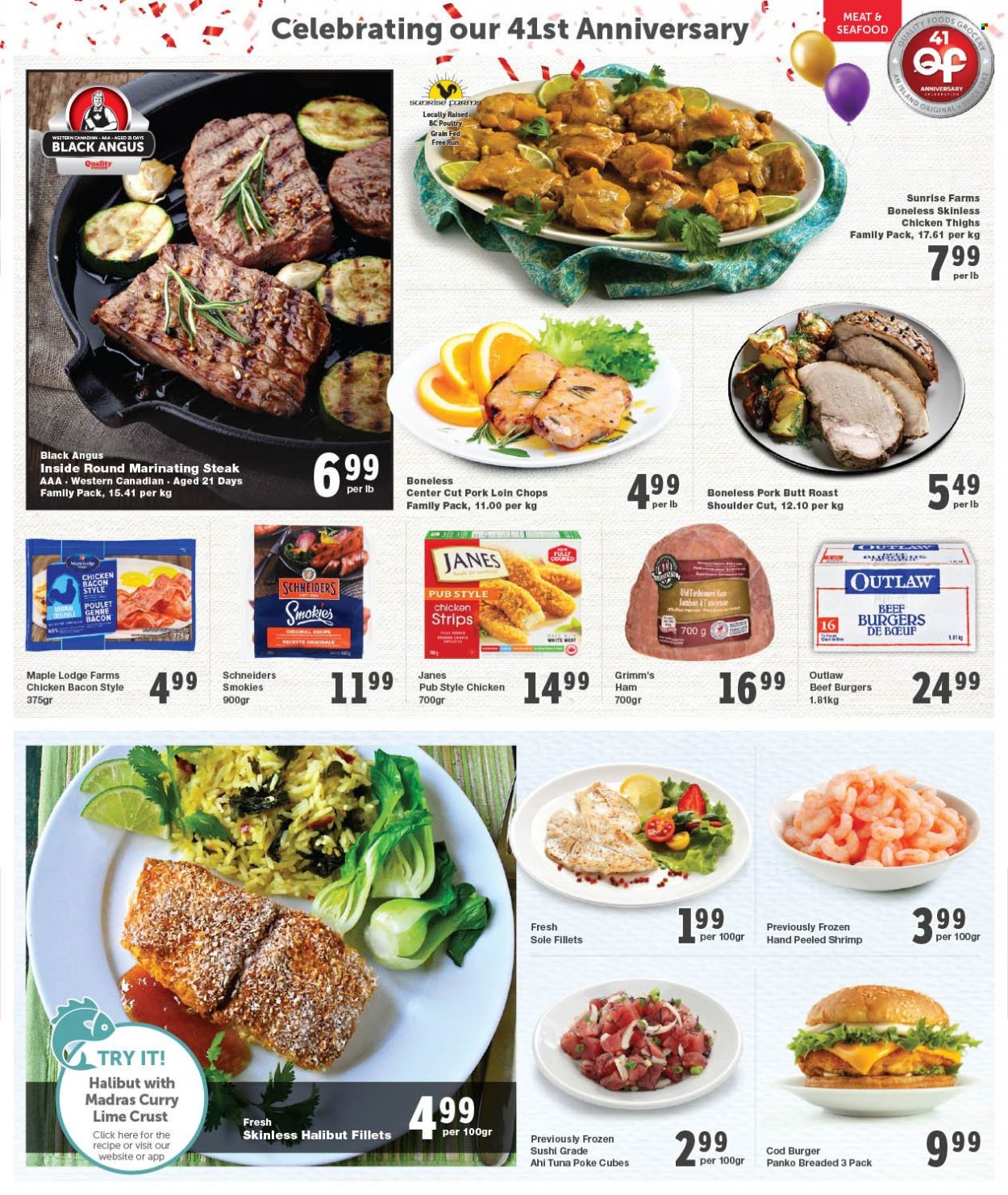 thumbnail - Quality Foods Flyer - June 05, 2023 - June 11, 2023 - Sales products - panko breadcrumbs, cod, tuna, halibut, seafood, sushi, hamburger, beef burger, roast, bacon, ham, strips, chicken strips, chicken thighs, chicken, steak, pork chops, pork loin, pork meat, pork butt. Page 3.