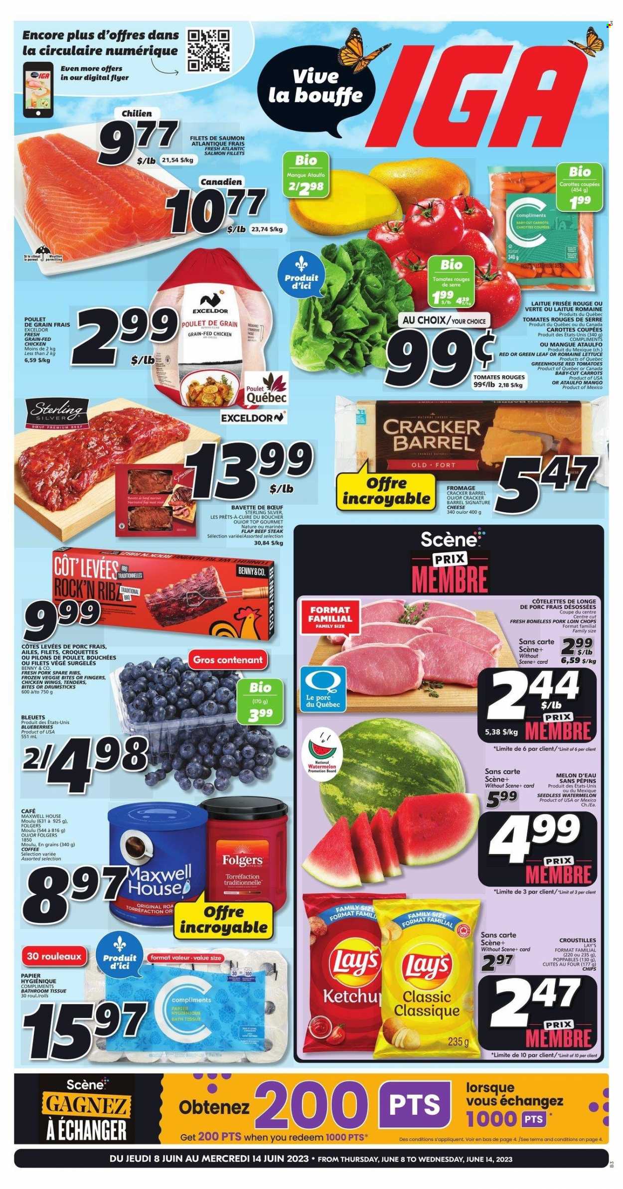 thumbnail - IGA Flyer - June 08, 2023 - June 14, 2023 - Sales products - carrots, tomatoes, lettuce, blueberries, mango, watermelon, melons, fish fillets, salmon, salmon fillet, chicken wings, crackers, Lay’s, Maxwell House, coffee, Folgers, chicken, beef meat, beef steak, steak, ribs, pork chops, pork loin, pork meat, pork ribs, pork spare ribs. Page 1.