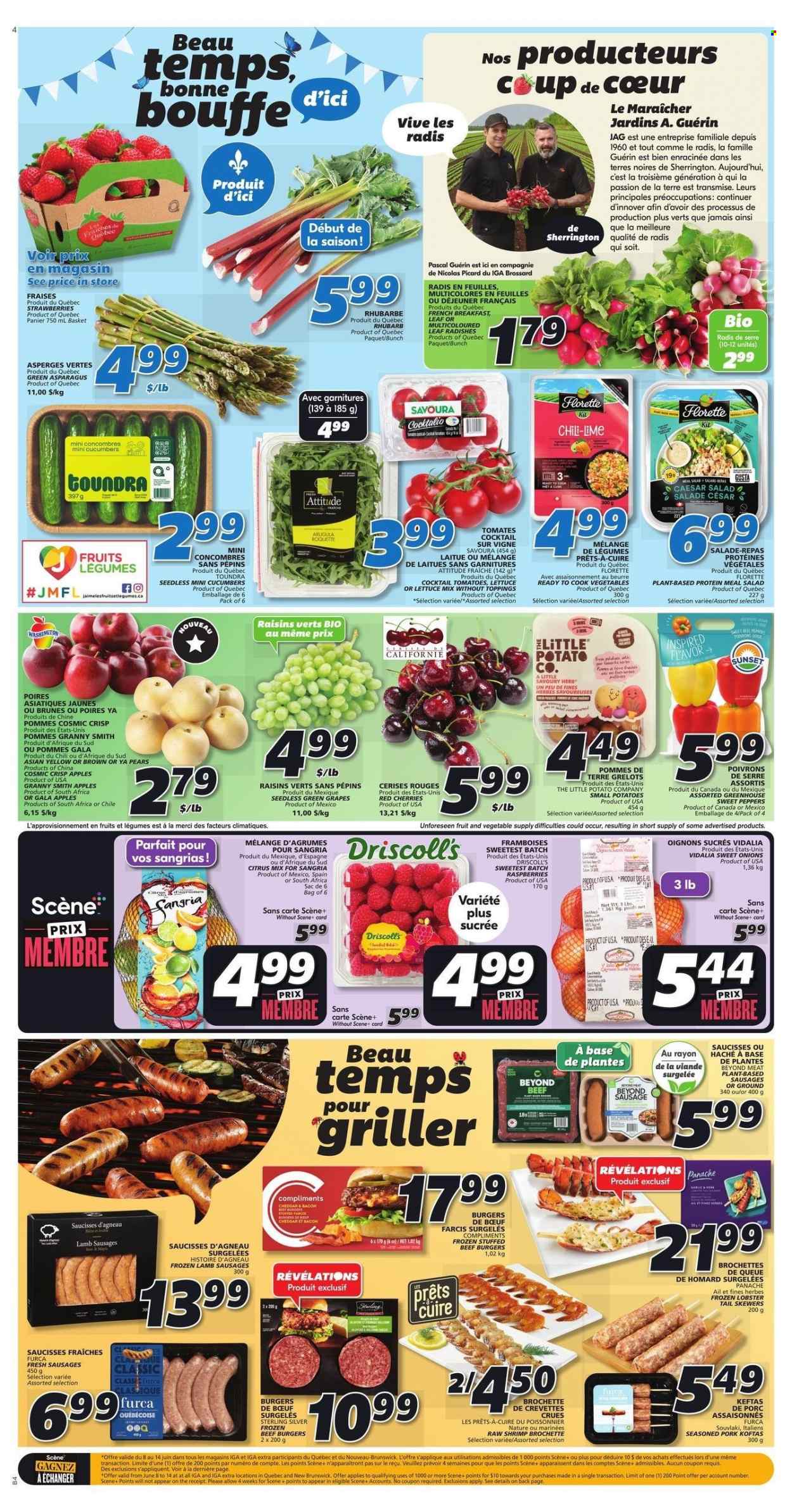 thumbnail - IGA Flyer - June 08, 2023 - June 14, 2023 - Sales products - arugula, asparagus, cucumber, radishes, rhubarb, sweet peppers, tomatoes, potatoes, onion, lettuce, salad, peppers, apples, Gala, grapes, raspberries, cherries, pears, Granny Smith, lobster, lobster tail, shrimps, hamburger, beef burger, sausage, cheese, Merci, raisins, dried fruit. Page 6.