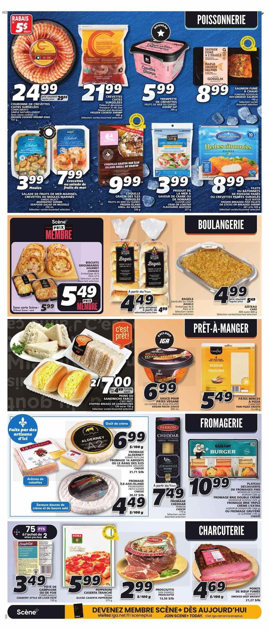 thumbnail - IGA Flyer - June 08, 2023 - June 14, 2023 - Sales products - bagels, cake, fish fillets, mussels, salmon, smoked salmon, seafood, crab, fish, shrimps, pizza, pasta sauce, hamburger, sauce, breaded fish, brisket, prosciutto, seafood salad, Gruyere, cheddar, cheese, brie, Clover, dip, cookies, biscuit, water, alcohol, beer, beef meat, beef brisket. Page 10.