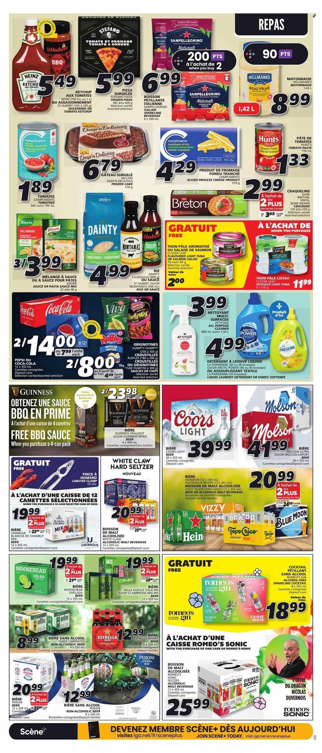 thumbnail - IGA Flyer - June 08, 2023 - June 14, 2023 - Sales products - cake, lobster, tuna, pizza, pasta sauce, snack, Clover, mayonnaise, Hellmann’s, McCain, frozen cakes, crackers, Ruffles, malt, tomato paste, light tuna, spice, BBQ sauce, Coca-Cola, Pepsi, soft drink, gin, White Claw, Hard Seltzer, beer, Heineken, Guinness, Peroni, IPA, Estrella, Topo Chico, non-alcoholic beer, Heinz, ketchup, Knorr, Coors, Blue Moon. Page 12.